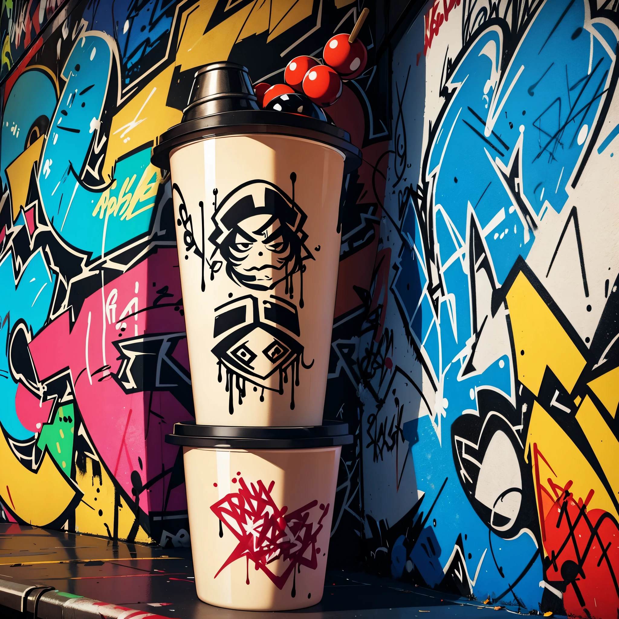 3 shot glasses, graffiti, no characters
