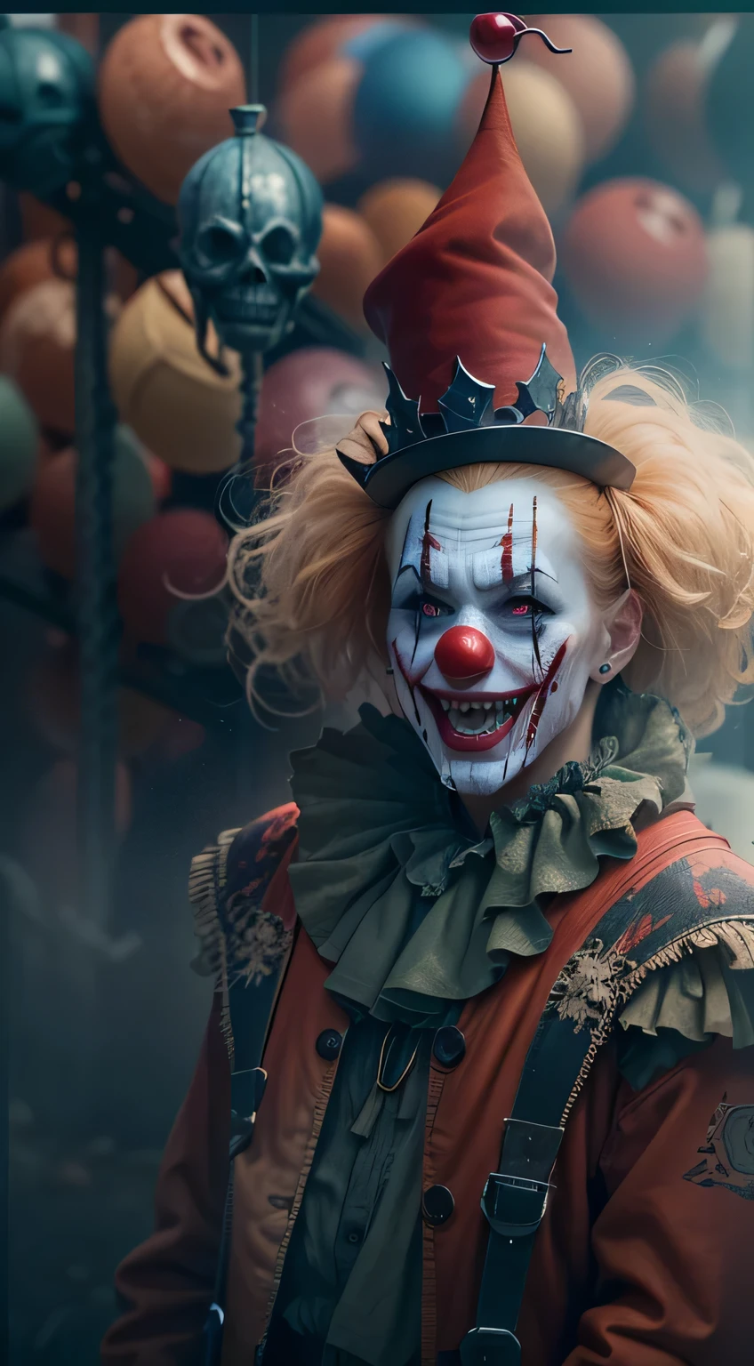 (Crazy clown emperor), Wear a clown hat, Wear clown costumes, metal gauntlet,Circus props,Laughing, Deep blonde hair.((Blood fog)),Spooky atmosphere,(Abandoned amusement park). Surrealist style, vivd colour,Sharp contrast, ominous lighting, high-density imaging review, Ultra-high definition, Studio lighting,physically-based renderingt, Extreme detail description, professional (scary style).(Best quality,4K,8K,A high resolution,Masterpiece:1.2),(Realistic,Photorealistic,photo-realistic:1.37).