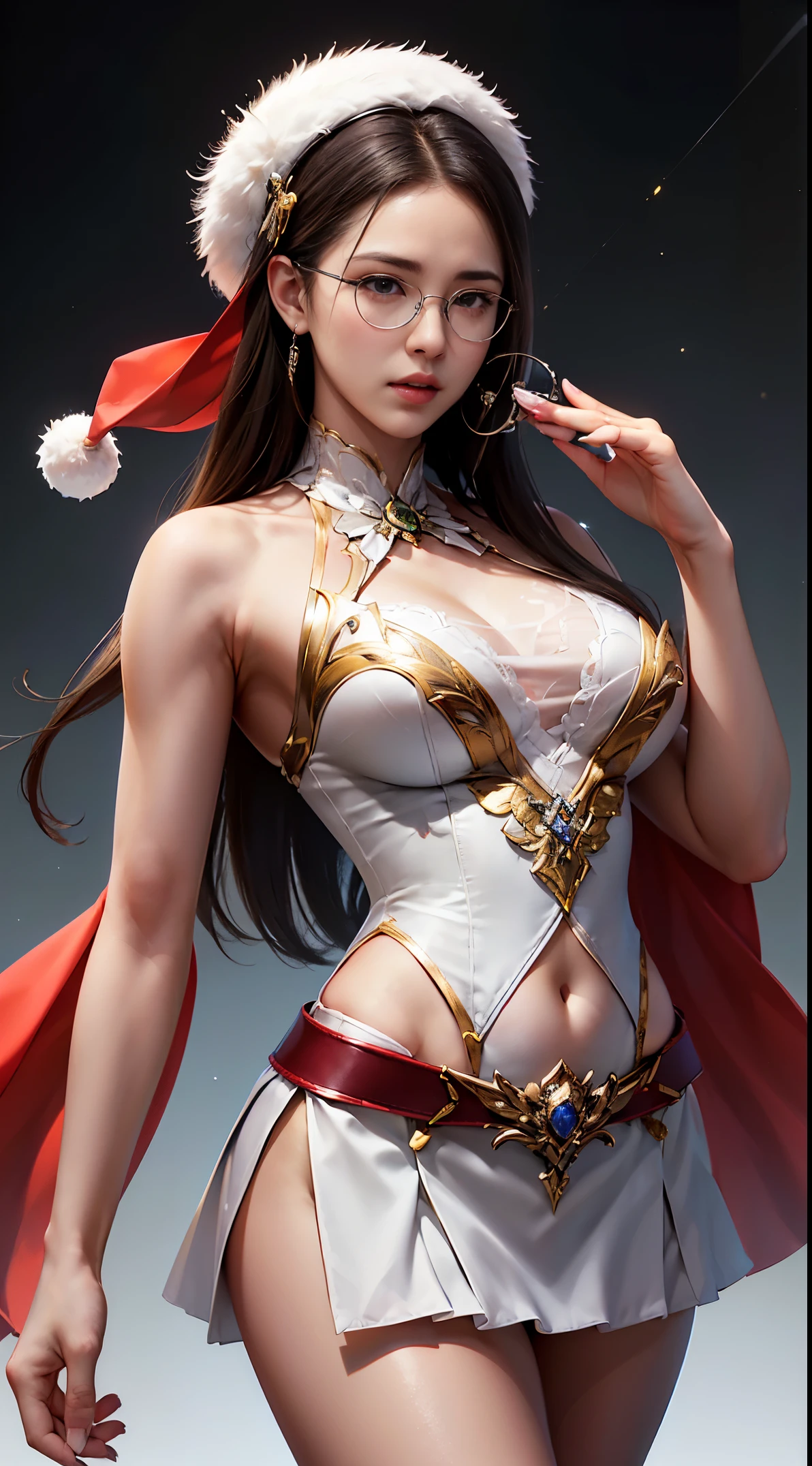 Fine、(The best illustrations)、8k UHD resolution、intricate-detail、top-quality、realisitic、ultra-detailliert、The best lighting、Best Shadows、Soft lighting、Ulutra HD、Ultra-realistic、Tindall Effect、Photorealsitic、(High Detail Skins:1.2)、 (Intricate details, makeup, pureerosface_v1:0.5), (Detailed beautiful delicate face, Detailed beautiful delicate eyes, A perfectly proportioned face, High detailed skin, Detailed skin, best ratio four finger and one thumb, arms below breasts, Tattoo with a red glow under the stomach、Awesome awesome, wide hips, smooth midriff, skiny and thin, __Fashion__, __hair__:1.25)、Digital SLR、 absurd realistic work: 1.3), (max resolution: 1.2), (Ultra HDTV: 1.2), cinematric light, Detailed eyes and skin, detailed facial features, , (Sharp Focus: 1.2), (Focus on Face:1.2),Perfect Style, Beautiful face, acurate, Anatomically correct, ノ Highly detailed facial and skin texture, Detailed eyes, Double eyelids, Thin eyebrows, Glitter Eyeliner: 1 Natural cheeks, Glossy skin, Fair skin: 1.2, (Glossy lips: 1.4),(Shy look: 1.2),Highly detailed facial and skin texture, Detailed eyes, Double eyelids, Natural cheeks, shiny lips: 1.4,Exposed cleavage、Bewitching。a 、Seductive、Chest emphasis、(((( Otaku Glasses, thick glasses, Round glasses)))),The long-haired、Braid hair、poneyTail, huge solemn expression、Body Up、Big breasts emphasis, Super tight breasts, Breast augmentation surgery, The breasts are very big and round and round,Toned waist、 Meet beautiful girls, Look at the girl's body, In the Dark、Bat Wings,、(Devil's Tail)、(詳細な不気味なBackground with:0.8)、Long grey hair,emits eerie demonic flames,Contour light,green flash particles, magia、火炎magia、Flares up violently、swirling explosion, angelic halo, golden and orange spark dazzling around, Dramatic composition details), radiant light, Powerful light area, (magiaのシンボルが鎧に輝きます:1.3), (magiaの魔力が彼女の周囲に渦巻いていた:1.3), white hair、(intense expression:1.1), (Its light is、Highlighting her dominance and rebirth behind the scenes:1.4), (Wisdom and Rebirth:1.2), (Strong stance:1.2), (Overwhelming mystical power:1.2), (Sparkling sweat:1.1),(The contrast between silver and gold:1.3),elegant glitter dark&mysterious version, Super beautiful glowing eyes、Looking at the snow-covered amusement park, Young woman in Santa Claus costume standing with legs apart, huge stunning goddess shot, goddess of Japan, the extremely hot and sexy, powerful and huge, jaw dropping beauty, goddess of Japan, very Bigger breasts, Big ass, ((Santa Claus miniskirt costume and hat)), (Wearing:red mini dress trimmed with white fur, Thick black belt, Long Red Leather Boots), (thigh visible), (lean forward and look at you), (Fireworks go off at the amusement park at night), In the snow, (なBackground with: Night city decorated with Christmas illuminations), Animal characters are dancing in the background, suit with white fur trim), (Black Mini Skirt White Fur Trim), (Santa's Red Hat) With white pompons, Gold belt with large buckle, (Red boots), (cowboy shot:1.4), Perfect fit, depth of fields、Perfect image realism, Background with:((Secret Room of the Members Club))、綿密なBackground with, detailed costume,