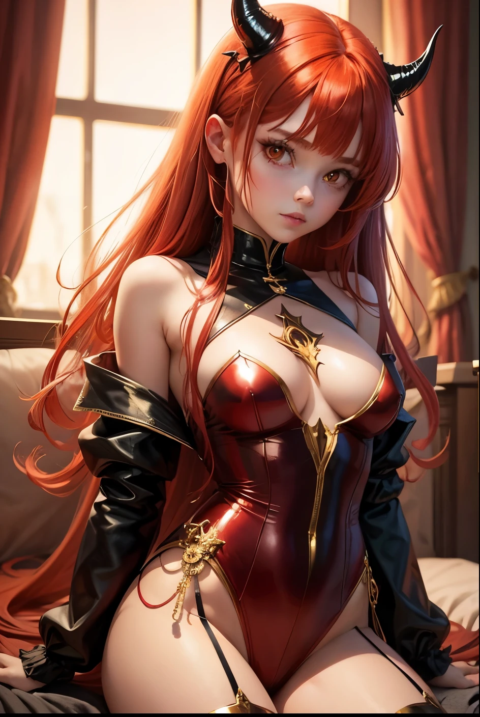 cute girl, satan, Red hair, Demon tail, Gold clothes