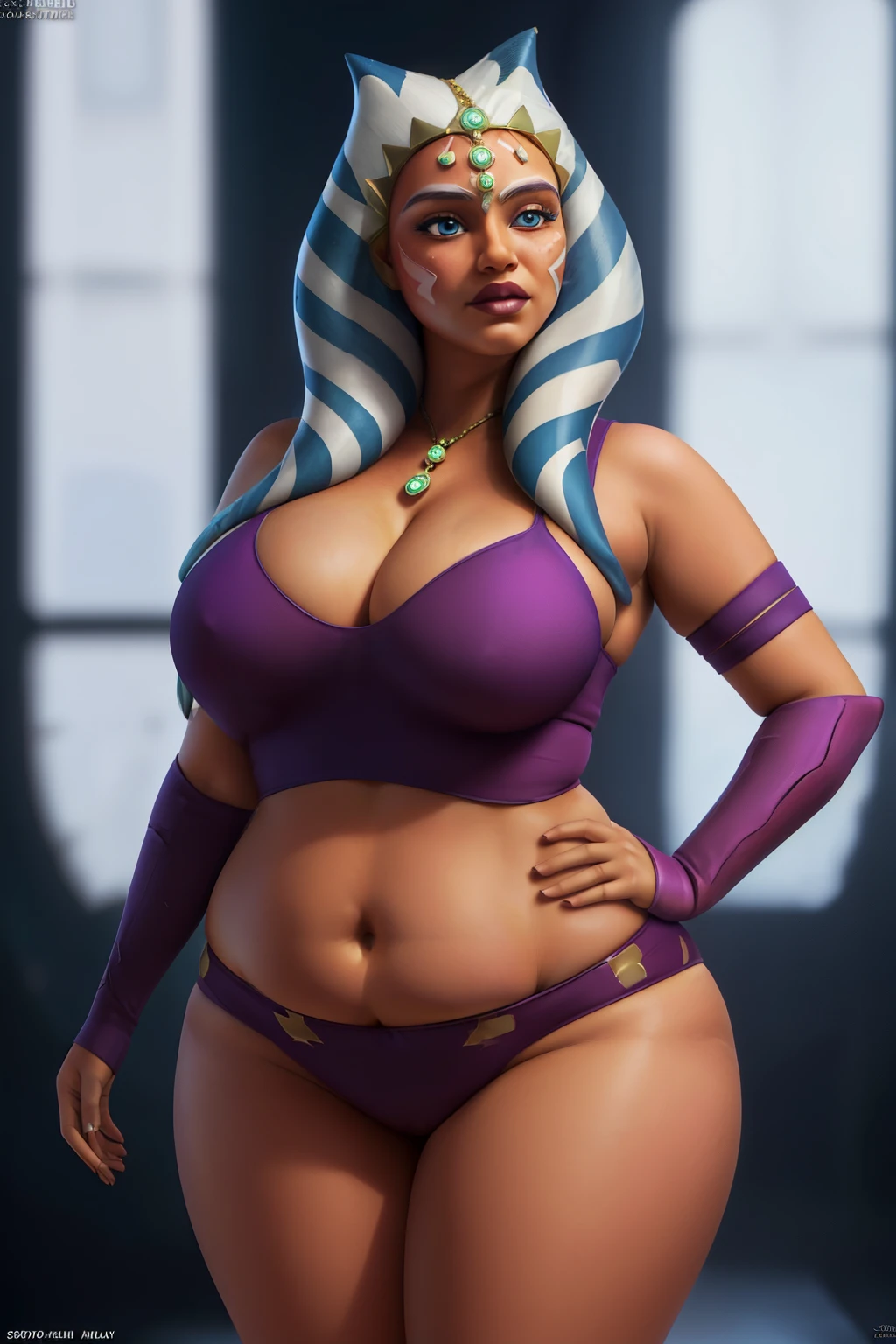 masterpiece, (photorealistic), (8k wallpaper) , (best quality), perfect quality, solo, (detailed eyes:0.9), girl, ahsoka tano, very beautiful, , face : ( very beautiful face, cute face, teen figure: ( very full body, very full figure, very thicc, very soft, very curvy, very chubby, very chubby belly, love handles, sexy curves, sexy pose, sexy, muffin top, thick thighs, thunder thighs) , clothes : ( slave clothes )