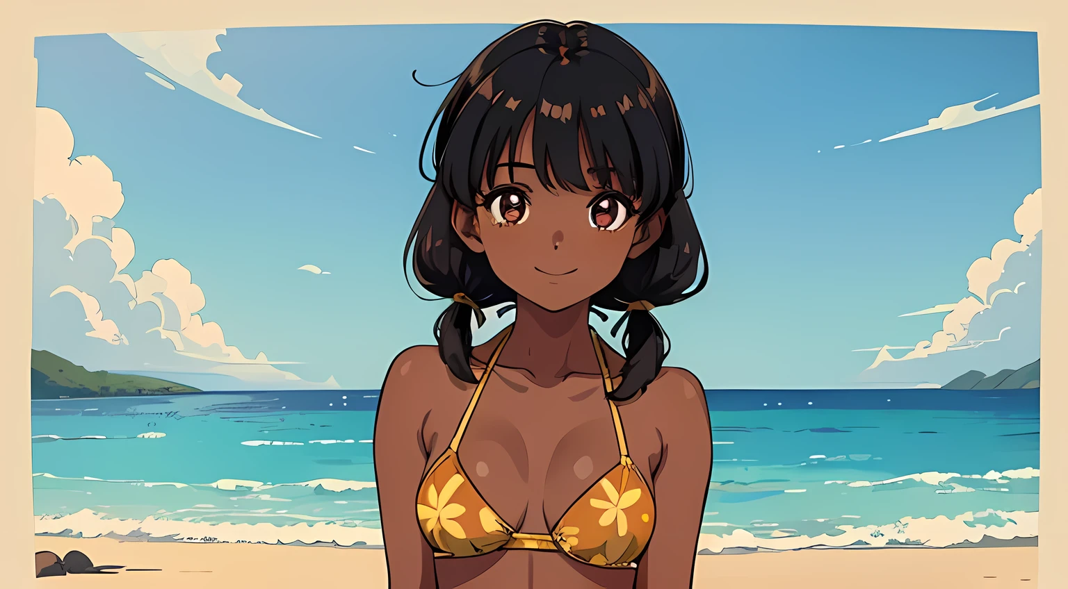 ((masutepiece, Best Quality, ultra-detailliert, 8K)), 1girl in, flat-colors, Tetradic color, medium breasts, Light dark skin, Stunning cute girl with a smile, ultra-detailliert eyes, Light brown short low twintail hair with bangs, gold and black bikini, The wind is fluttering my hair, Tropical beach in midsummer