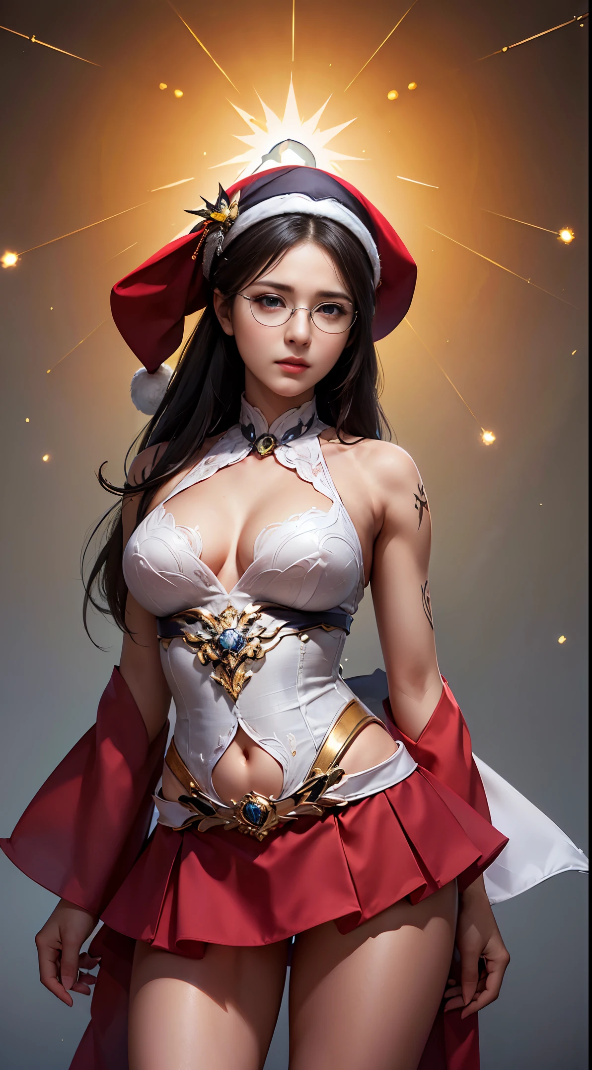 Fine、(The best illustrations)、8k UHD resolution、intricate-detail、top-quality、realisitic、ultra-detailliert、The best lighting、Best Shadows、Soft lighting、Ulutra HD、Ultra-realistic、Tindall Effect、Photorealsitic、(High Detail Skins:1.2)、 (Intricate details, makeup, pureerosface_v1:0.5), (Detailed beautiful delicate face, Detailed beautiful delicate eyes, A perfectly proportioned face, High detailed skin, Detailed skin, best ratio four finger and one thumb, arms below breasts, Tattoo with a red glow under the stomach、Awesome awesome, wide hips, smooth midriff, skiny and thin, __Fashion__, __hair__:1.25)、Digital SLR、 absurd realistic work: 1.3), (max resolution: 1.2), (Ultra HDTV: 1.2), cinematric light, Detailed eyes and skin, detailed facial features, , (Sharp Focus: 1.2), (Focus on Face:1.2),Perfect Style, Beautiful face, acurate, Anatomically correct, ノ Highly detailed facial and skin texture, Detailed eyes, Double eyelids, Thin eyebrows, Glitter Eyeliner: 1 Natural cheeks, Glossy skin, Fair skin: 1.2, (Glossy lips: 1.4),(Shy look: 1.2),Highly detailed facial and skin texture, Detailed eyes, Double eyelids, Natural cheeks, shiny lips: 1.4,Exposed cleavage、Bewitching。a baby face、Seductive、Chest emphasis、(((( Otaku Glasses, thick glasses, Round glasses)))),The long-haired、Braid hair、poneyTail, huge solemn expression、Body Up、Big breasts emphasis, Super tight breasts, Breast augmentation surgery, The breasts are very big and round and round,Toned waist、 Meet beautiful girls, Look at the girl's body, In the Dark、Bat Wings,、(Devil's Tail)、(詳細な不気味なBackground with:0.8)、Long grey hair,emits eerie demonic flames,Contour light,green flash particles, magia、火炎magia、Flares up violently、swirling explosion, angelic halo, golden and orange spark dazzling around, Dramatic composition details), radiant light, Powerful light area, (magiaのシンボルが鎧に輝きます:1.3), (magiaの魔力が彼女の周囲に渦巻いていた:1.3), white hair、(intense expression:1.1), (Its light is、Highlighting her dominance and rebirth behind the scenes:1.4), (Wisdom and Rebirth:1.2), (Strong stance:1.2), (Overwhelming mystical power:1.2), (Sparkling sweat:1.1),(The contrast between silver and gold:1.3),elegant glitter dark&mysterious version, Super beautiful glowing eyes、Looking at the snow-covered amusement park, Young woman in Santa Claus costume standing with legs apart, huge stunning goddess shot, goddess of Japan, the extremely hot and sexy, powerful and huge, jaw dropping beauty, goddess of Japan, very Bigger breasts, Big ass, ((Santa Claus miniskirt costume and hat)), (Wearing:red mini dress trimmed with white fur, Thick black belt, Long Red Leather Boots), (thigh visible), (lean forward and look at you), (Fireworks go off at the amusement park at night), In the snow, (なBackground with: Night city decorated with Christmas illuminations), Animal characters are dancing in the background, suit with white fur trim), (Black Mini Skirt White Fur Trim), (Santa's Red Hat) With white pompons, Gold belt with large buckle, (Red boots), (cowboy shot:1.4), Perfect fit, depth of fields、Perfect image realism, Background with:((Secret Room of the Members Club))、綿密なBackground with, detailed costume,