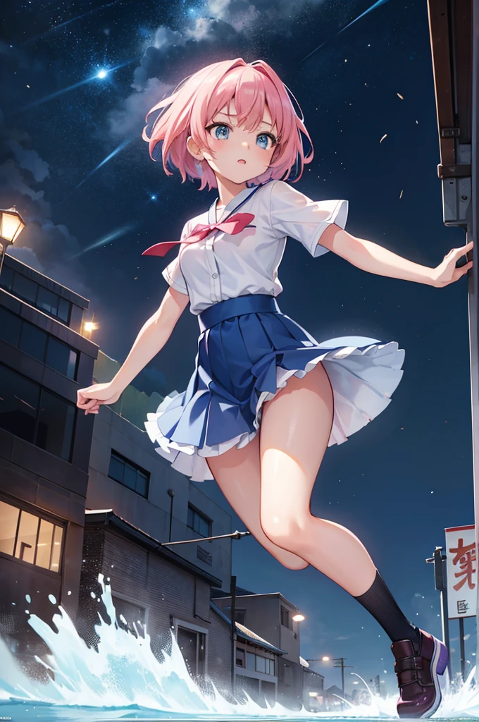 Generate dynamic vector image depicting an high school girl character with full body action pose, short pink hair, white shirt, blue skirt, red lace, reflecting the vibrancy and individuality of today’s age culture. high quality, 8K Ultra HD, night city in background, The beautiful girl Who Leapt Through a dangerous city, Feels like Mamoru Hosoda, Time leap when the beautiful girl runs and jumps Detailed illustration, A digital illustration of anime style, digital anime paintings of her, soft anime tones, Feels like Japanese anime, fantasy art, Three-dimensional expression, luminism, Albert Anker, Feeling like Kyoto Animation, Greg Rutkowski, Artgerm, WLOP, Alphonse Beeple, pixiv, luminism, 3d render, octane render, Isometric, by yukisakura, awesome full color