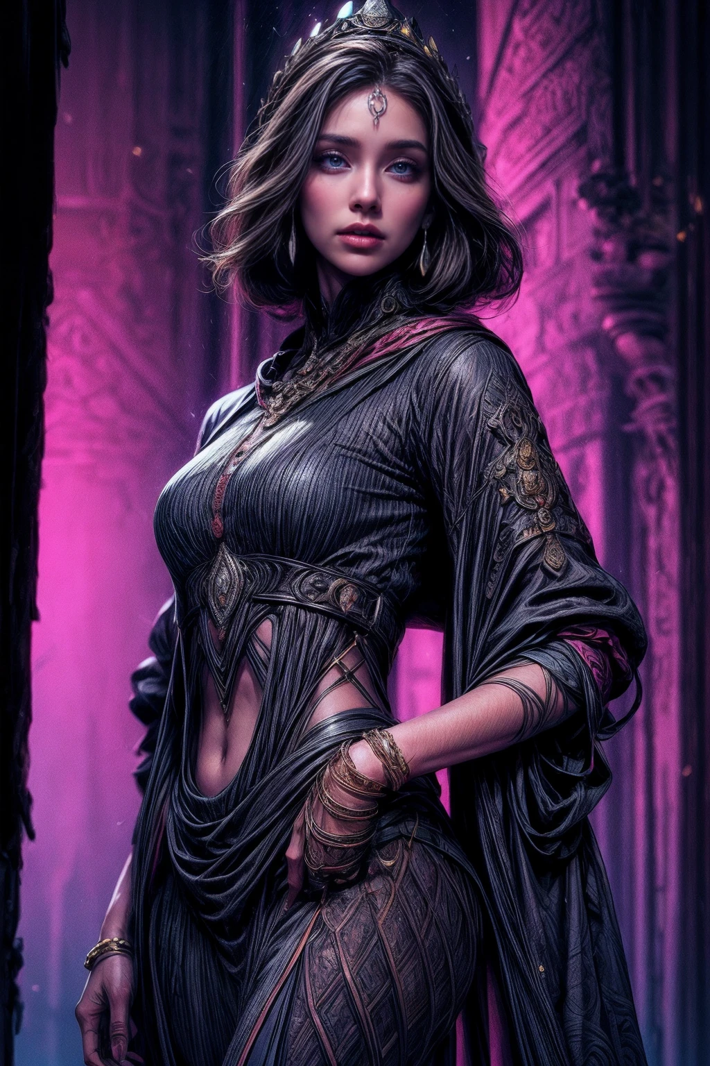 Kaelena,beautiful detailed eyes,beautiful detailed lips,extremely detailed face,longeyelashes,(best quality,4k,8k,highres,masterpiece:1.2),ultra-detailed,(realistic,photorealistic,photo-realistic:1.37),oil painting,regal attire,a regal crown,dramatic lighting,vivid colors,ethereal background,surrounded by mist,artistic flair,with a touch of fantasy,royal demeanor,mysterious aura,magnificent presence,commanding posture,standing tall,glowing gems,ornate jewelry,ancient symbols,stone statues,architectural elegance,imposing castle in the distance,sense of power and authority,dignified expression,mystical power emanating,enchanted atmosphere,graceful movement,spellbinding charisma,commanding attention,exuding confidence,and a hint of a secret.
