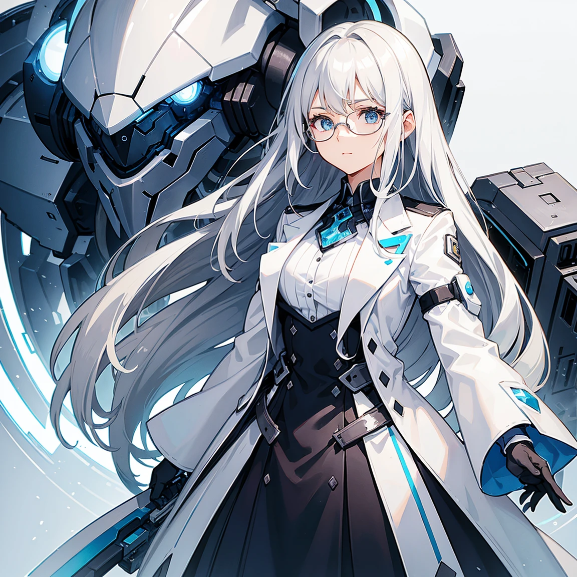 1 woman,long silver hair,blue eyes,glasses,wearing a white lab coat,with a giant silve mech suit behind her