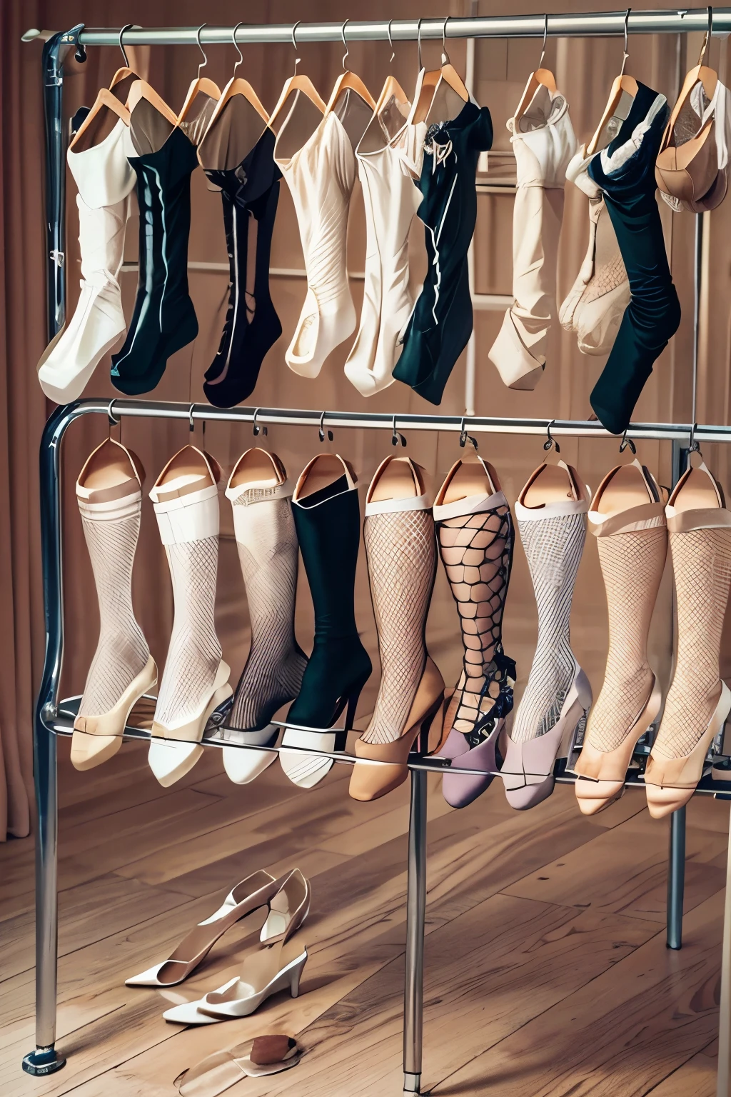 several women in lingersuits and high heels are hanging from a rack, stockings, thigh highs, garters, silk stockings, overknee socks, wearing stockings, velvet stockings, leg high, high angle shot, shaded, leg and thigh shot, fishnets stockings, feminine, wearing in stocking, pantyhose tights, tights, full length and white stockings, tights