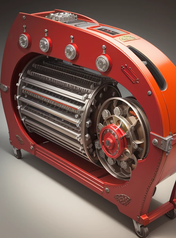 A steanpunk machine with gears in metallic red, metallic yellow, metallic orange, metallic blue and metallic green, perfectly aligned and working efficiently, the frame of the machine richly decorated with silver engravings of flowers and fruits, in the modern art deco style.