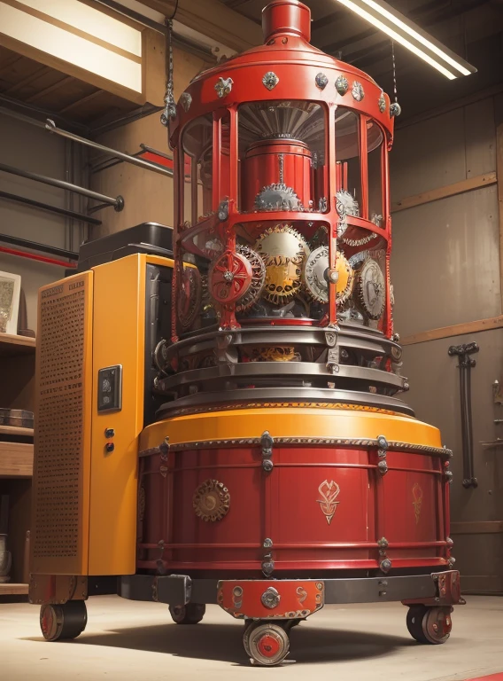 A steanpunk machine with gears in metallic red, metallic yellow, metallic orange, metallic blue and metallic green, perfectly aligned and working efficiently, the frame of the machine richly decorated with silver engravings of flowers and fruits, in the modern art deco style.