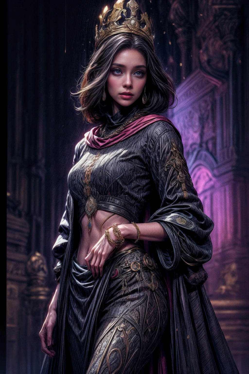 Kaelena,beautiful detailed eyes,beautiful detailed lips,extremely detailed face,longeyelashes,(best quality,4k,8k,highres,masterpiece:1.2),ultra-detailed,(realistic,photorealistic,photo-realistic:1.37),oil painting,regal attire,a regal crown,dramatic lighting,vivid colors,ethereal background,surrounded by mist,artistic flair,with a touch of fantasy,royal demeanor,mysterious aura,magnificent presence,commanding posture,standing tall,glowing gems,ornate jewelry,ancient symbols,stone statues,architectural elegance,imposing castle in the distance,sense of power and authority,dignified expression,mystical power emanating,enchanted atmosphere,graceful movement,spellbinding charisma,commanding attention,exuding confidence,and a hint of a secret.
