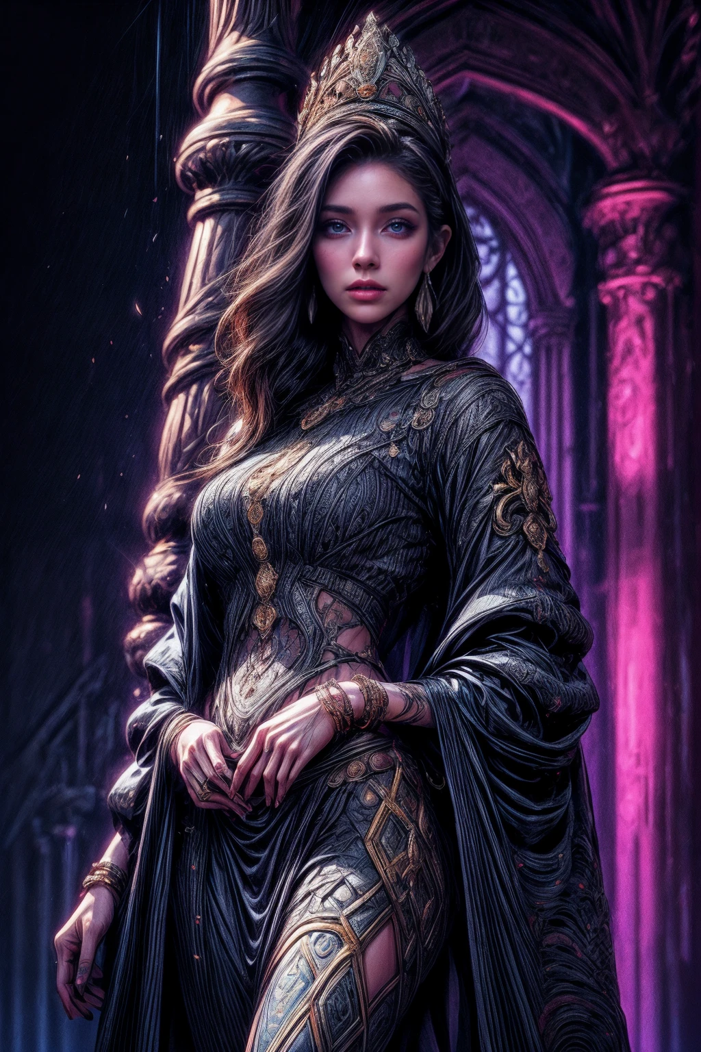 Kaelena,beautiful detailed eyes,beautiful detailed lips,extremely detailed face,longeyelashes,(best quality,4k,8k,highres,masterpiece:1.2),ultra-detailed,(realistic,photorealistic,photo-realistic:1.37),oil painting,regal attire,a regal crown,dramatic lighting,vivid colors,ethereal background,surrounded by mist,artistic flair,with a touch of fantasy,royal demeanor,mysterious aura,magnificent presence,commanding posture,standing tall,glowing gems,ornate jewelry,ancient symbols,stone statues,architectural elegance,imposing castle in the distance,sense of power and authority,dignified expression,mystical power emanating,enchanted atmosphere,graceful movement,spellbinding charisma,commanding attention,exuding confidence,and a hint of a secret.