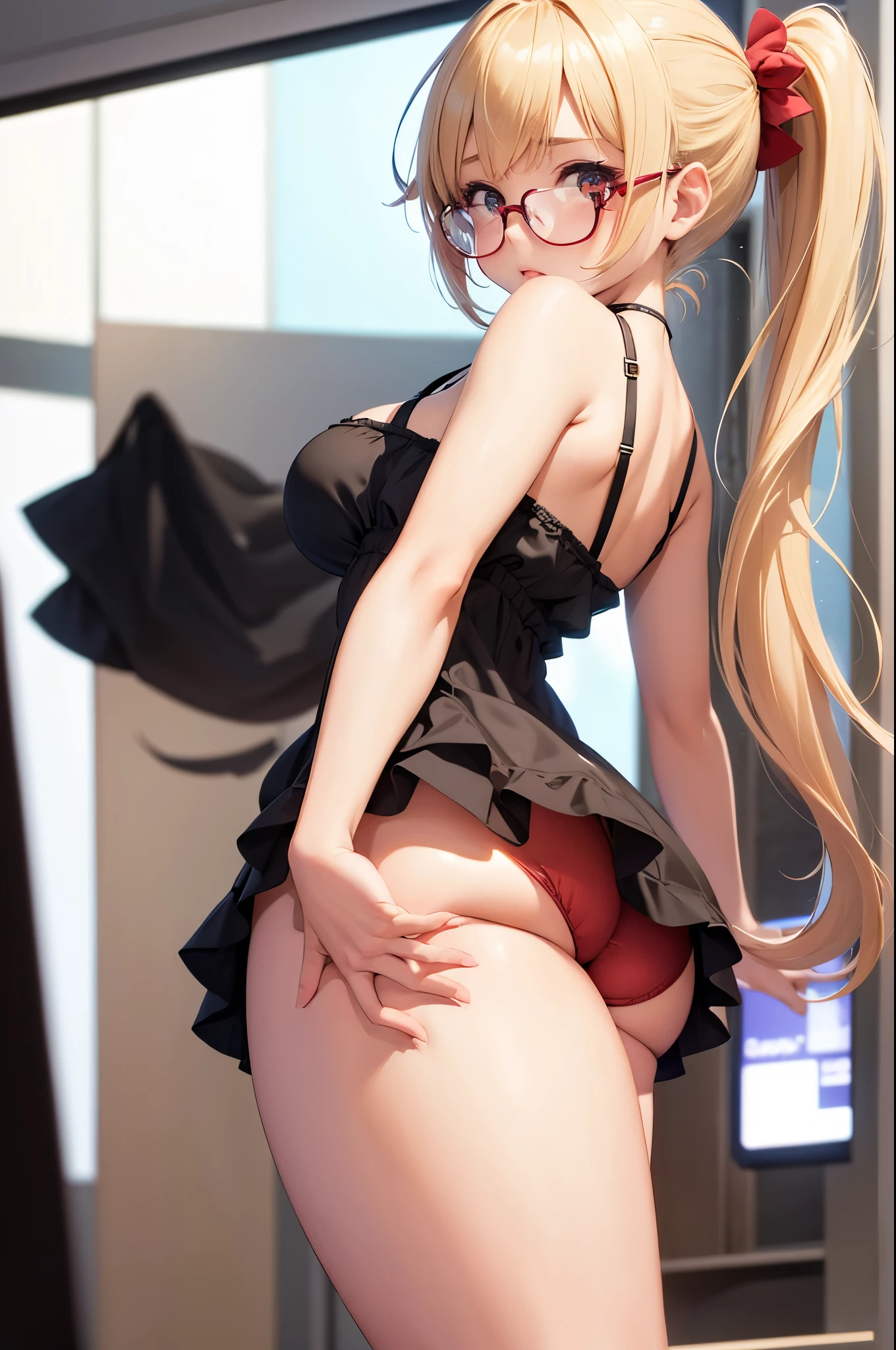 in public, embarrassed, bangs, loli body, 13 year old girl, blonde hair tied in a side ponytail, sensual cleavage, sensual mouth, round breasts, ass facing the viewer, back to the screen, micro shorts 1.4, Ultra HD, 4k image, glasses, character near the camera, tight shorts, V panties, red panties, low waist panties, short dress