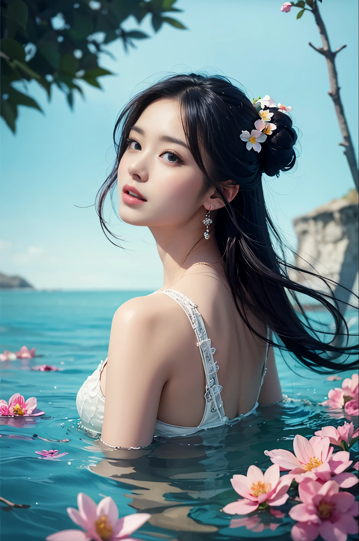 The beauty of black hair and flowers floating on water、beautiful beauty、beautiful digital illustrations、beautiful artwork illustrations、beautiful digital artワーク、美しいgorgeous digital art、beautiful digital art、Asian woman water element、gorgeous digital art、非常にbeautiful digital art、Close up fantasy with water magic、beautiful fantasy art、beautiful digital painting、beautiful digital illustrations、Gorgeous Digital Painting