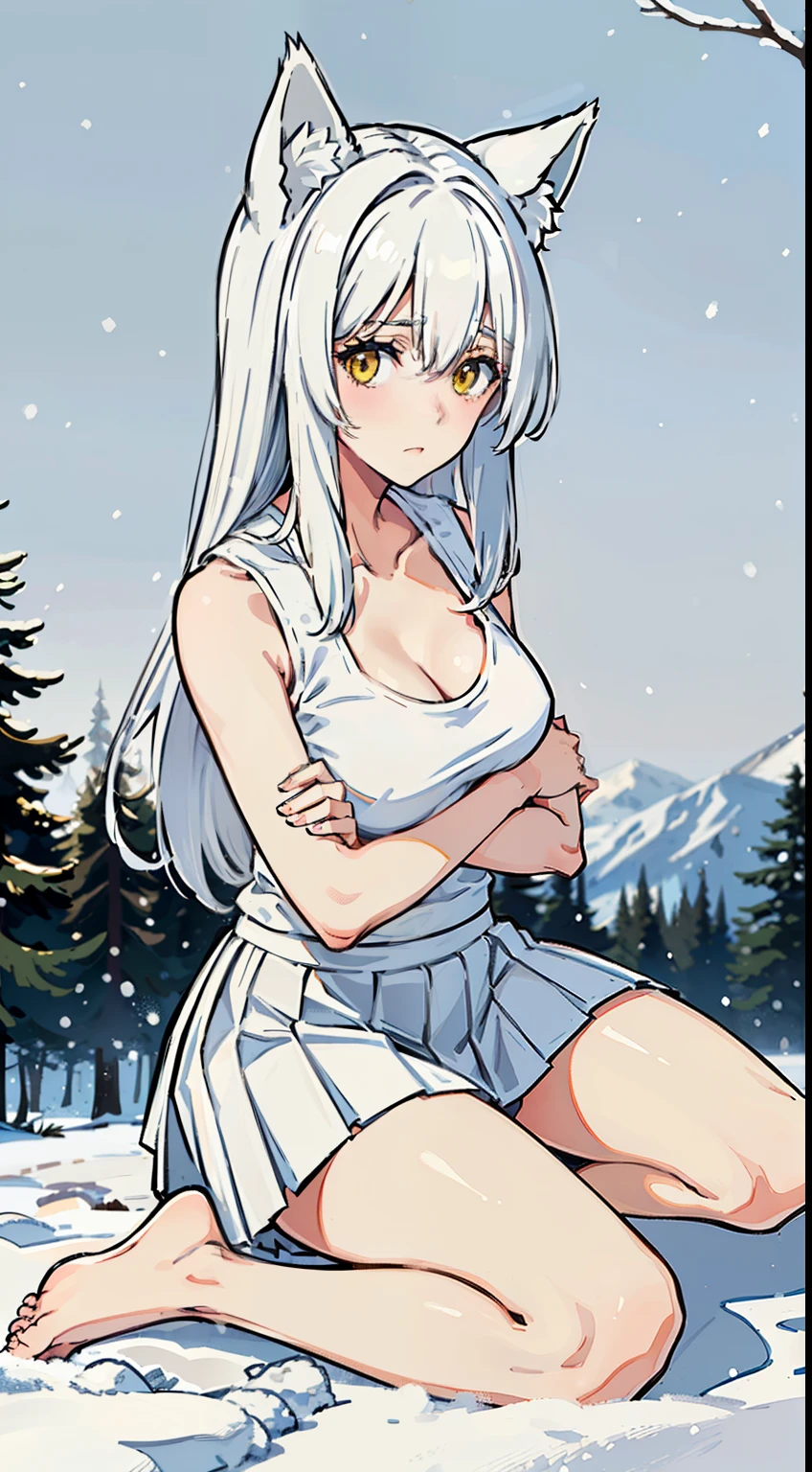 1girl,solo,medium breasts,mature female,((white sleeveless and shoulderless t-shirt,cleavage)),(((white pleated skirt,bare feet))),silver hair,long hair,yellow eyes,fox ears,((sitting in snow,in forest,fetal position)),(((looking away,shy,blush))),separated lips