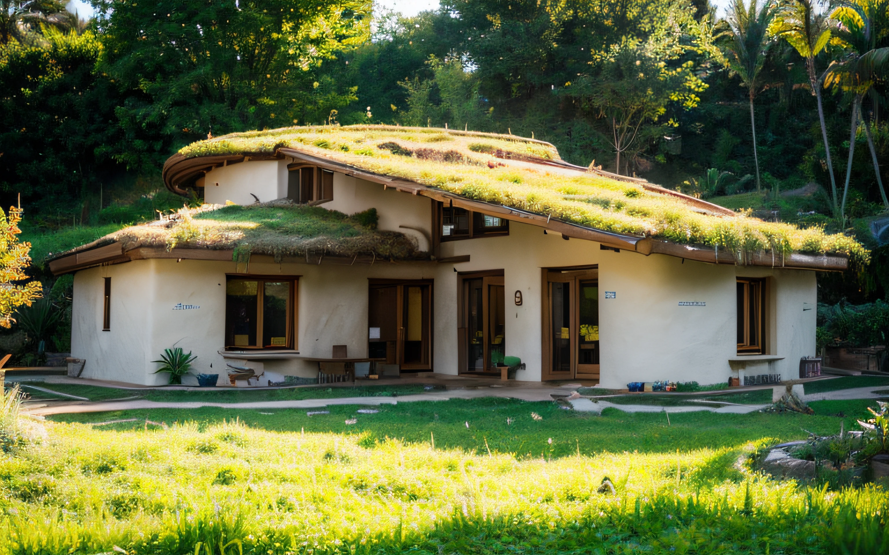 A photograph of a symmetrical contemporary house with (((one hyperbolic paraboloid Telhado Verde))) e (((Biological pool))) e ((low wall foundation)) em um quintal tropical, paredes de gesso terracota amarelo mostarda (((rustic clay stucco))), ((paredes de canto arredondadas)), ((Rustic clay plaster)), (((paredes de terracota com cantos arredondados, organic curves))), (((rustic earth plaster, lama))), (((hyperbolic-shaped Telhado Verde with wooden edge))), (((Estrutura do telhado de madeira, ancinho de madeira, placa de madeira))), beiral, ((telhado com estrutura de madeira)), na Bahia (((jardim tropical))), ((casas naturais, Organic buildings, organic architecture)), ecovila, sustainable architecture, Bioconstruction architecture, arquitetura solarpunk, (((telhado de grama, Telhado Verde, Telhado de Onda Verde, telhado arredondado, telhados vegetados))), (((bedrock foundation wall, foundation height 30cm, parede de base de pedra com 30 cm de altura))), ((arquitetura verde)), Casa passiva, Clear sky in the background, beleza dolorosa, moderno, imponente, casa verde, ((Estilo Hadid do hobbit de Bali)), super resolution, cinemactic, color grading, editorial fotografia, fotografia, photo shoot, (((dramatic front eye top angle view))), O 50mm, profundidade de campo, detalhes intrincados, Cores Naturais, foco nítido, luz quente, Velocidade do obturador 1/1000, F/22, White balance, Ray Trace Reflections, Lumen reflections, screen space reflections, diffraction classification, chromatic aberration, Deslocamento de GB, Partial lighting, Backlighting, natural lightting, Linhas de varredura, Ambient occlusion, antialiasing, Shaders, OpenGL-Shaders, GLSL-Shaders, Post-processing, post - production, sombreamento, Mapeamento de tons, incredibly detailed e complex, hipermaximalista, elegante, hiper-realista, super detalhado, dynamic pose, fujifilm XT |