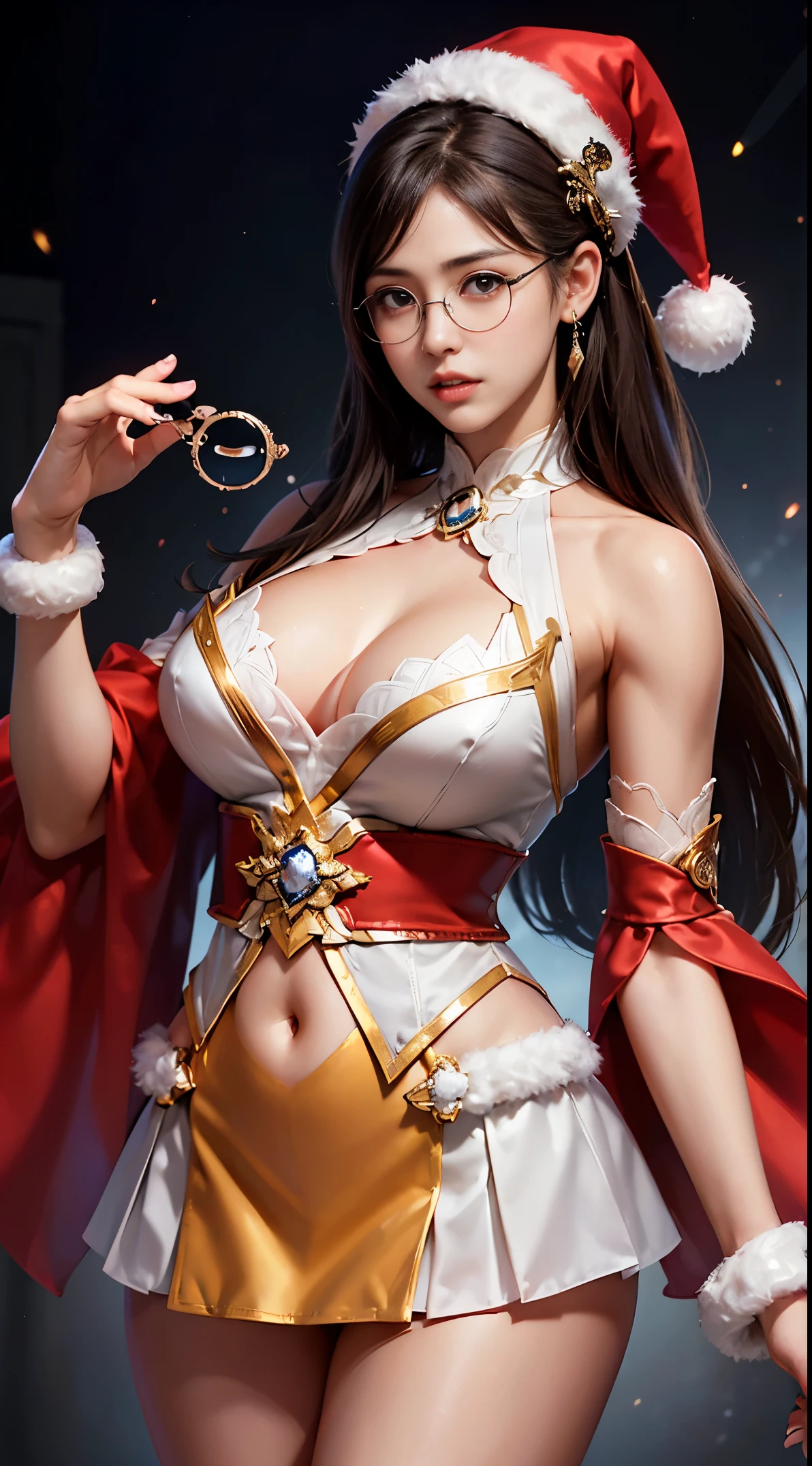 Fine、(The best illustrations)、8k UHD resolution、intricate-detail、top-quality、realisitic、ultra-detailliert、The best lighting、Best Shadows、Soft lighting、Ulutra HD、Ultra-realistic、Tindall Effect、Photorealsitic、(High Detail Skins:1.2)、 (Intricate details, makeup, pureerosface_v1:0.5), (Detailed beautiful delicate face, Detailed beautiful delicate eyes, A perfectly proportioned face, High detailed skin, Detailed skin, best ratio four finger and one thumb, arms below breasts, Tattoo with a red glow under the stomach、Awesome awesome, wide hips, smooth midriff, skiny and thin, __Fashion__, __hair__:1.25)、Digital SLR、 absurd realistic work: 1.3), (max resolution: 1.2), (Ultra HDTV: 1.2), cinematric light, Detailed eyes and skin, detailed facial features, , (Sharp Focus: 1.2）, (Focus on Face:1.2),Perfect Style, Beautiful face, acurate, Anatomically correct, ノ Highly detailed facial and skin texture, Detailed eyes, Double eyelids, Thin eyebrows, Glitter Eyeliner: 1 Natural cheeks, Glossy skin, Fair skin: 1.2, (Glossy lips: 1.4),(Shy look: 1.2),Highly detailed facial and skin texture, Detailed eyes, Double eyelids, Natural cheeks,  shiny lips: 1.4,Exposed cleavage、Bewitching。a baby face、Seductive、Chest emphasis、(((( Otaku Glasses, thick glasses, Round glasses)))),The long-haired、Braid hair、poneyTail, huge solemn expression、Body Up、Big breasts emphasis, Super tight breasts, Breast augmentation surgery, The breasts are very big and round and round,Toned waist、 Meet beautiful girls, Look at the girl's body, In the Dark、Bat Wings，、(Devil's Tail)、(詳細な不気味なBackground with:0.8)、Long grey hair，emits eerie demonic flames，Contour light，green flash particles, magia、火炎magia、Flares up violently、swirling explosion, angelic halo, golden and orange spark dazzling around, Dramatic composition details), radiant light, Powerful light area,  (magiaのシンボルが鎧に輝きます:1.3), (magiaの魔力が彼女の周囲に渦巻いていた:1.3), white  hair、(intense expression:1.1), (Its light is、Highlighting her dominance and rebirth behind the scenes:1.4), (Wisdom and Rebirth:1.2), (Strong stance:1.2), (Overwhelming mystical power:1.2), (Sparkling sweat:1.1),(The contrast between silver and gold:1.3),elegant glitter dark＆mysterious version, Super beautiful glowing eyes、Looking at the snow-covered amusement park, Young woman in Santa Claus costume standing with legs apart, huge stunning goddess shot, goddess of Japan, the extremely hot and sexy, powerful and huge, jaw dropping beauty, goddess of Japan, very Bigger breasts, Big ass, ((Santa Claus miniskirt costume and hat)), (Wearing:red mini dress trimmed with white fur, Thick black belt, Long Red Leather Boots), (thigh visible), (lean forward and look at you), (Fireworks go off at the amusement park at night), In the snow, (なBackground with: Night city decorated with Christmas illuminations), Animal characters are dancing in the background, suit with white fur trim), (Black Mini Skirt White Fur Trim), (Santa's Red Hat) With white pompons, Gold belt with large buckle, (Red boots), (cowboy  shot:1.4), Perfect fit, depth of fields、Perfect image realism, Background with:((Secret Room of the Members Club))、綿密なBackground with, detailed costume,