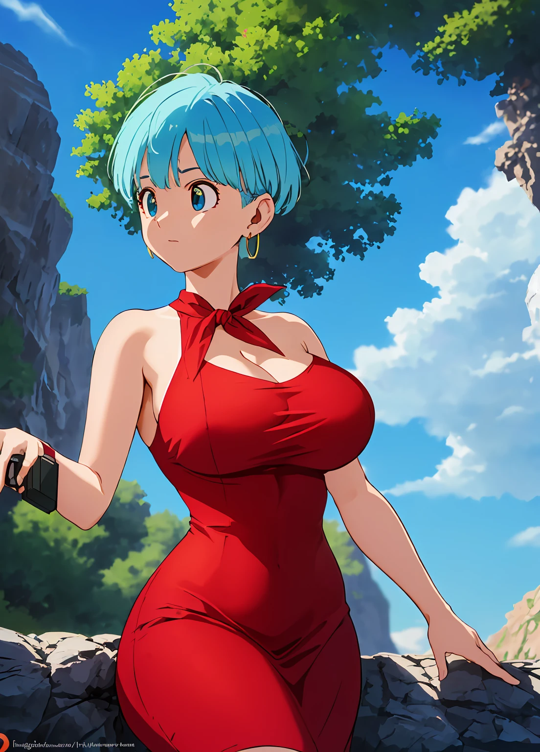 masterpiece, best quality, highest quality, (perfect lighting), (photorealistic), perfect anatomy, perfect face, perfect eyes, 
 bulmadbzreddress, aquamarine hair, short hair, blue eyes, earrings, red dress, yellow scarf, blue sky, clouds, on a cliff looking at a city, (BishoujoMom: 1.5), very tight red dress, legs that open, ((huge breasts, cleavage))), ((thick thighs, hourglass figure)), (topless), 1.5) ((thick red liplue eyes)), ((aquamarine hair)) photorealistic, photo, masterpiece, realistic, realism,  photorealism, photorealism, high contrast, photorealistic digital art trend on Artstation 8k HD HD realistic detailed, detailed, skin texture, hyper detailed, realistic skin texture, best quality, ultra high resolution (photorealistic: 1.4), high resolution, detailed, raw photo, sharp re, by Lee Jeffries nikon d850 film stock photography 4 Kodak Portra 400 camera F1.6 lens rich colors realistic texture hyper-realistic dramatic lighting unrealEngine trend in ArtStation CineStill 800,