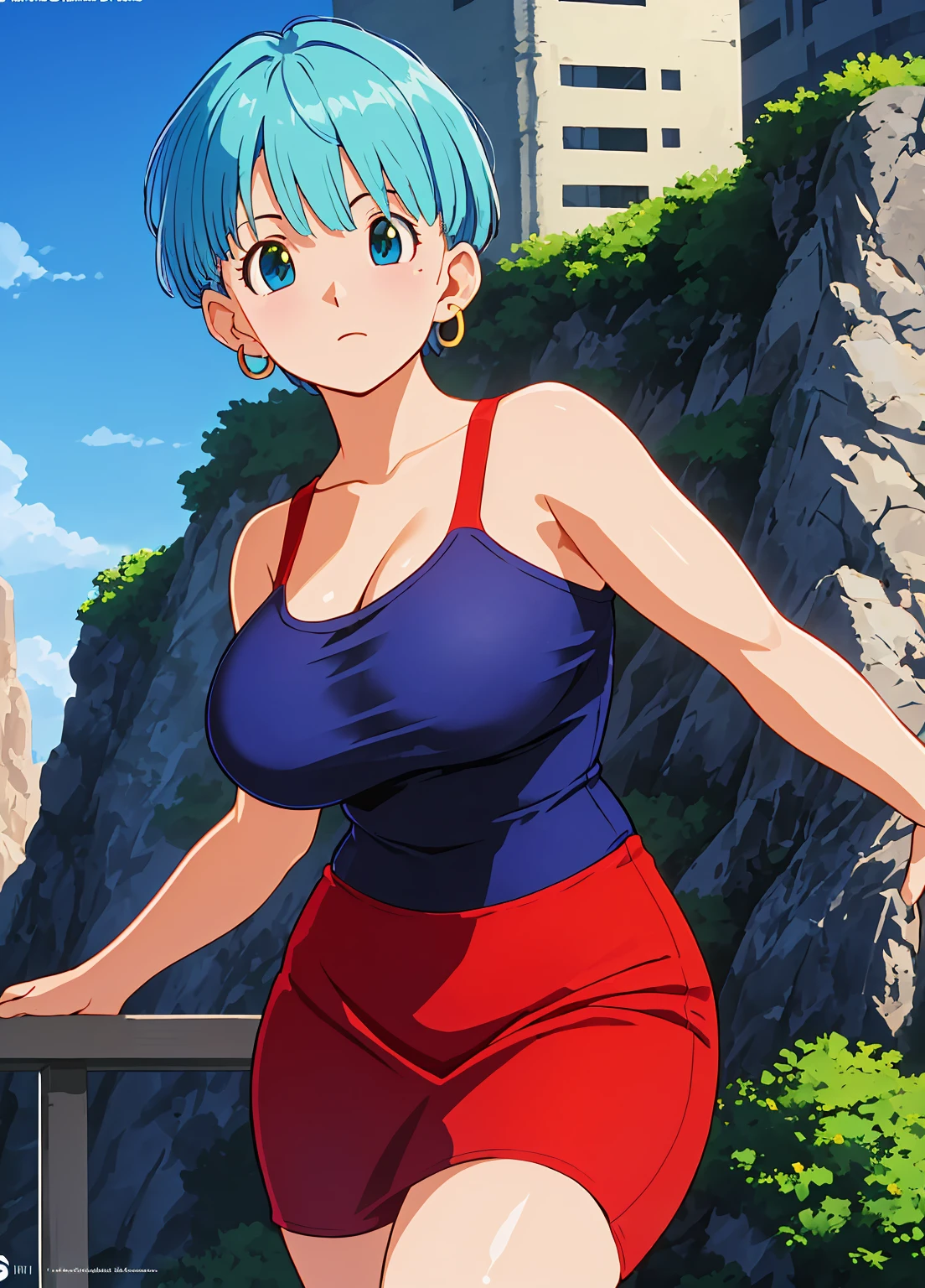 High resolution, Dragon Ball, Bulma, 1girl, ((bimbo))), short blue hair, blue eyes, puffy lips,  thick lips, wide hips, thick thighs, huge round fake breast, huge ass, sexy flirty face, shiny skin, sexy legs, breasts squeezed together, white micro bikini, beach, looking down, camel toe, perky nipples, 