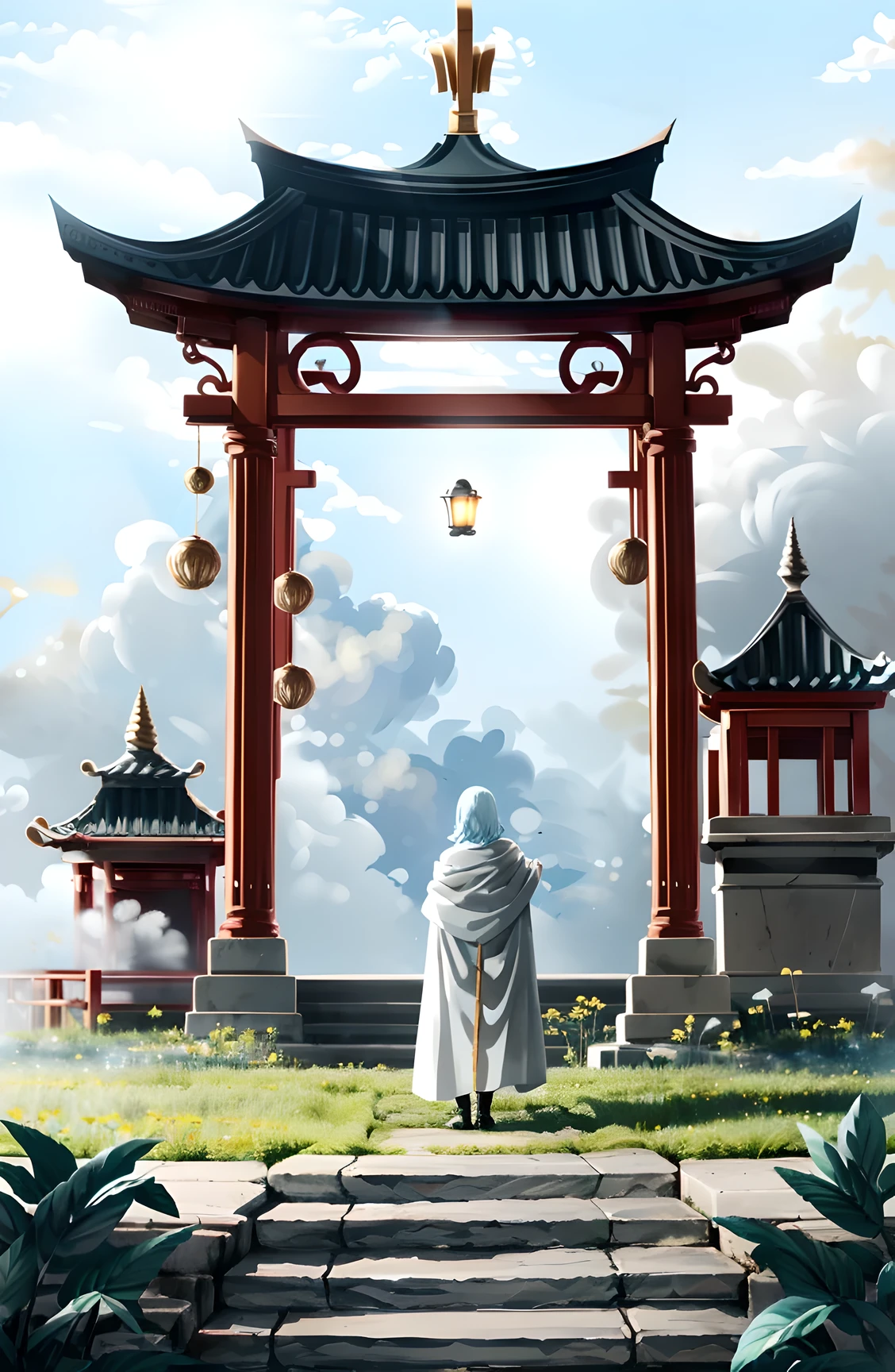 concept-art, Best quality at best, tmasterpiece, A high resolution, high detal, Full HD 16K, (Mysterious ancient ruins), stone statue, arma, catch, The landscape, 废墟, Permanent, from back, catching arma, POLEARM, Cloak, lanterns, poking, armour, En plein air, Cloak,