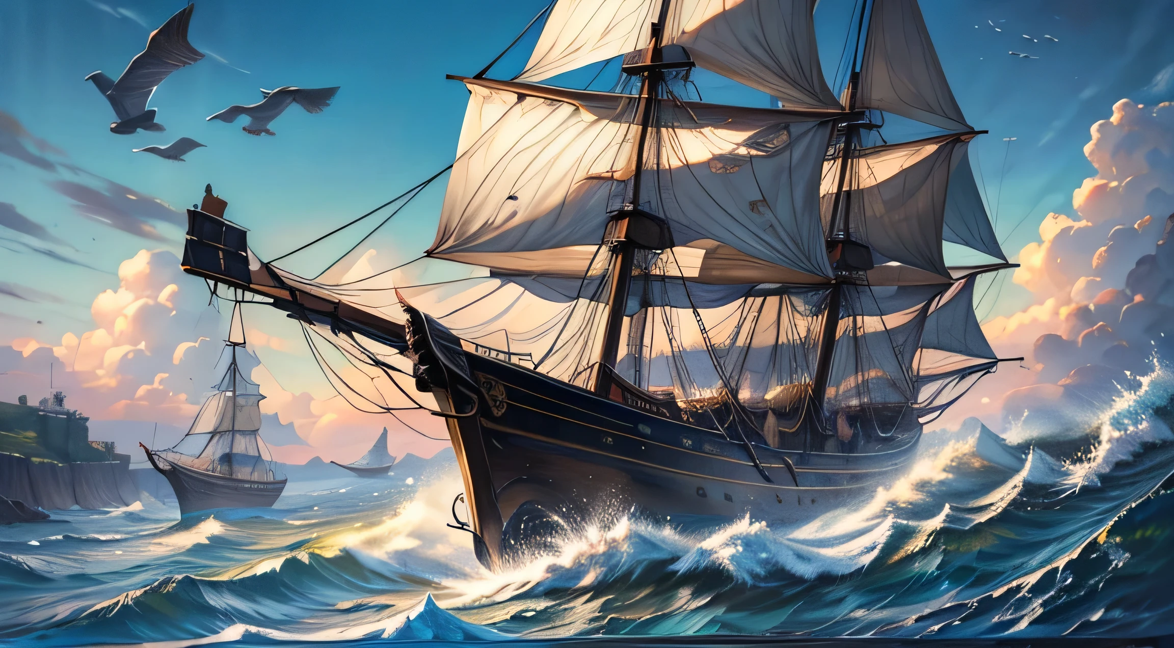 imagen real（（painting oil painting ））Pintura de paisaje,acrycle painting，Pinceladas，Con un realismo inigualable,ultra ancho,cielos ominosos,Veleros,1 Barcos de madera llenos de muchos peces.,loto,olas enormes,Noche estrellada,claro,realista,James Gurney,Estaciones de arte，（（The painting oil painting on was applied））