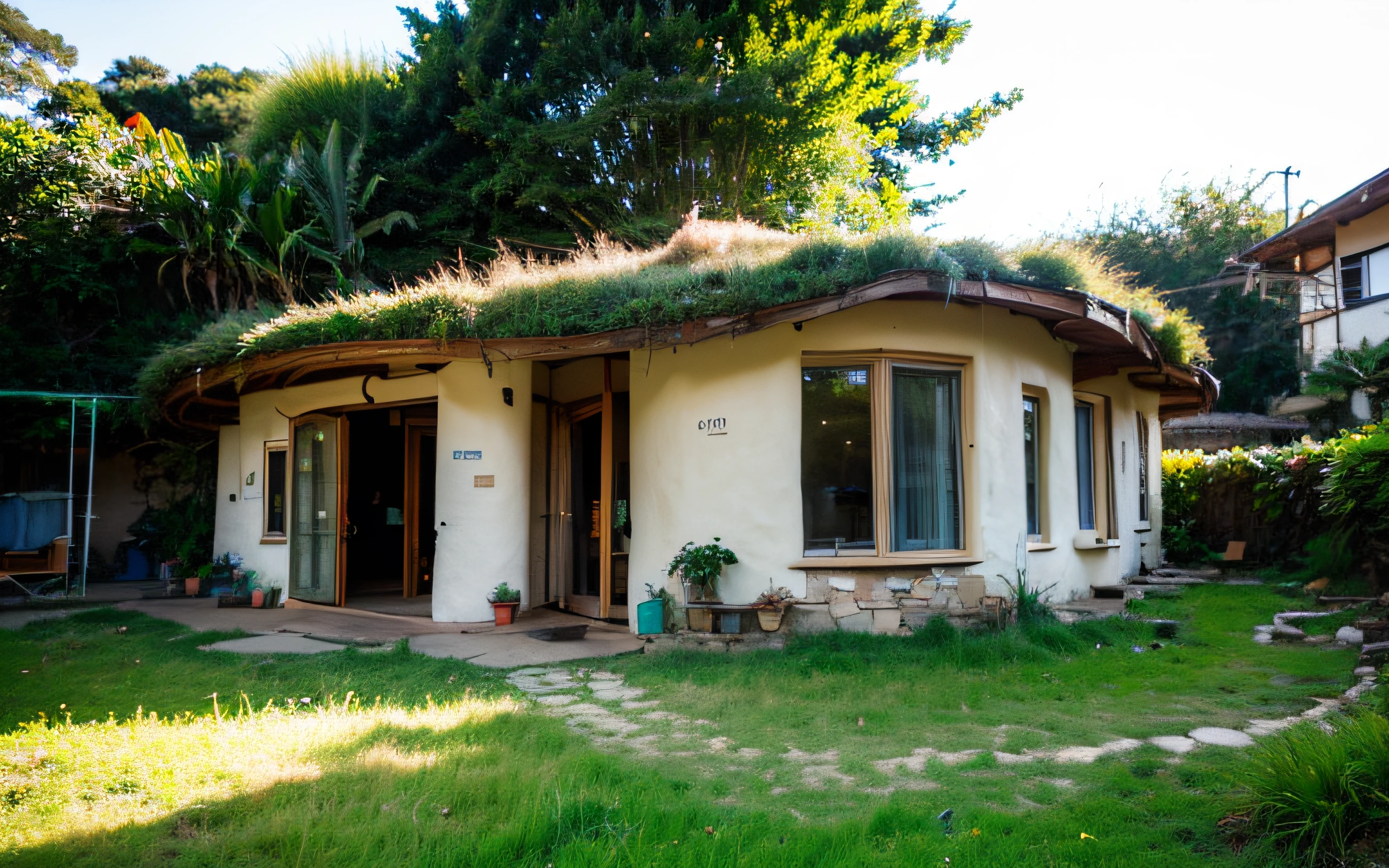 A photograph of a symmetrical contemporary house with (((one waved Telhado Verde))) e (((Biological pool))) em um quintal tropical, paredes de gesso terracota amarelo mostarda (((rustic clay stucco))), ((paredes de canto arredondadas)), ((Rustic clay plaster)), (((paredes de terracota com cantos arredondados, organic curves))), (((rustic earth plaster, lama))), (((wave-shaped Telhado Verde with wooden edge))), (((Estrutura do telhado de madeira, ancinho de madeira, placa de madeira))), beiral, varanda com pilar de madeira, ((telhado com estrutura de madeira)), em Bali (((jardim tropical))), ((casas naturais, Organic buildings, organic architecture)), ecovila, sustainable architecture, Bioconstruction architecture, arquitetura solarpunk, (((telhado de grama, Telhado Verde, Telhado de Onda Verde, telhado arredondado, telhados vegetados))), ((arquitetura verde)), Casa passiva, (((Rock Foundation))), Clear sky in the background, beleza dolorosa, moderno, imponente, casa verde, ((Estilo Hadid do hobbit de Bali)), super resolution, cinemactic, color grading, editorial fotografia, fotografia, photo shoot, (((dramatic front eye top angle view))), O 50mm, profundidade de campo, detalhes intrincados, Cores Naturais, foco nítido, luz quente, Velocidade do obturador 1/1000, F/22, White balance, Ray Trace Reflections, Lumen reflections, screen space reflections, diffraction classification, chromatic aberration, Deslocamento de GB, Partial lighting, Backlighting, natural  lightting, Linhas de varredura, Ambient occlusion, antialiasing, Shaders, OpenGL-Shaders, GLSL-Shaders, Post-processing, post - production, sombreamento, Mapeamento de tons, incredibly detailed e complex, hipermaximalista, elegante, hiper-realista, super detalhado, dynamic pose, fujifilm XT |