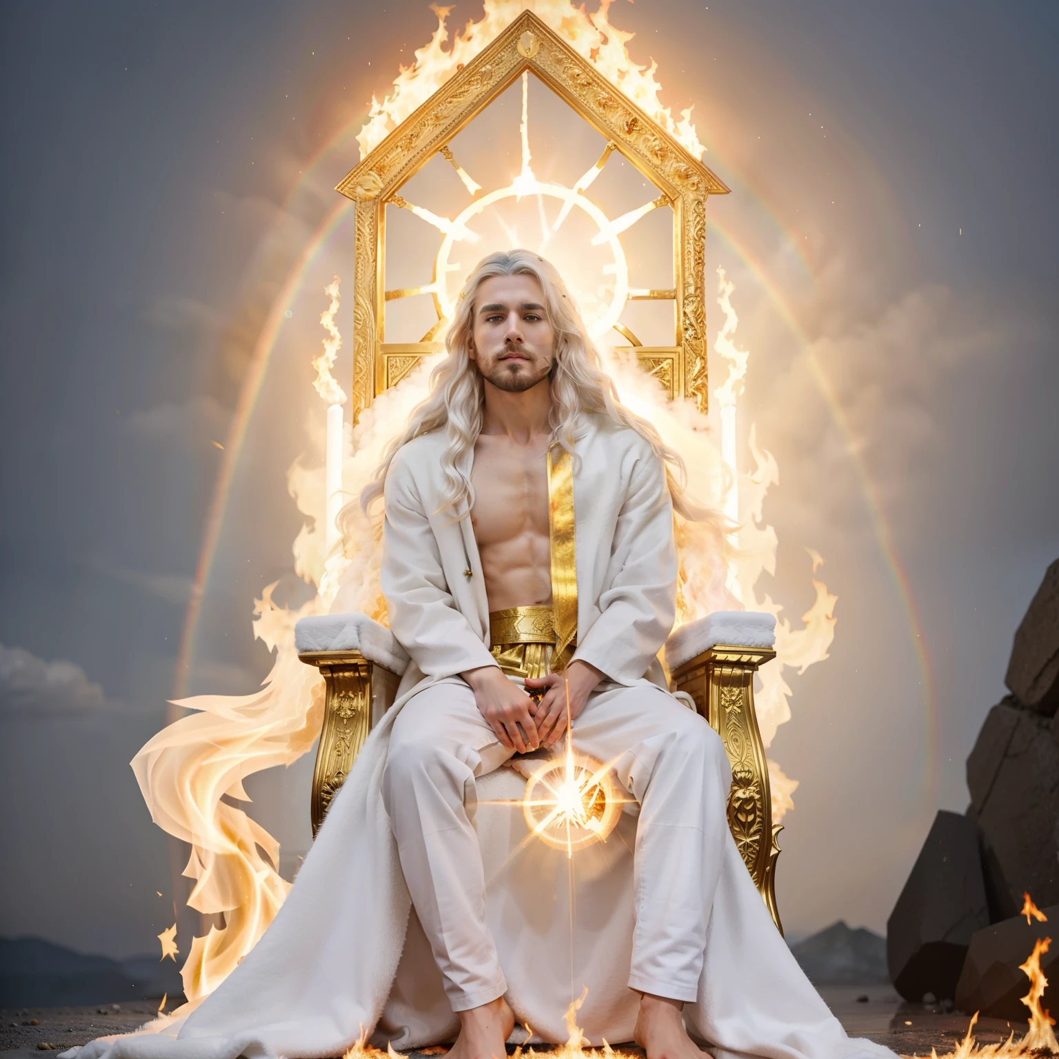 Jesus sitting on the white throne
 something glowing like electrum that was like a fire radiating from what appeared to be his waist and upward; and from his waist down, I saw something that resembled fire., ((There was a round brilliance flare all around him 28 like that of a round rainbow in a cloud on a rainy day)), His head and his hairs were white like wool, as white as snow; and his eyes were as a flame of fire;garment was white as snow, and the hair of his head like the pure wool: his throne was like the fiery flame, and his wheels as burning fire.And his feet like unto fine brass, as if they burned in a furnace; and his voice as the sound of many waters. ,((white hairs))