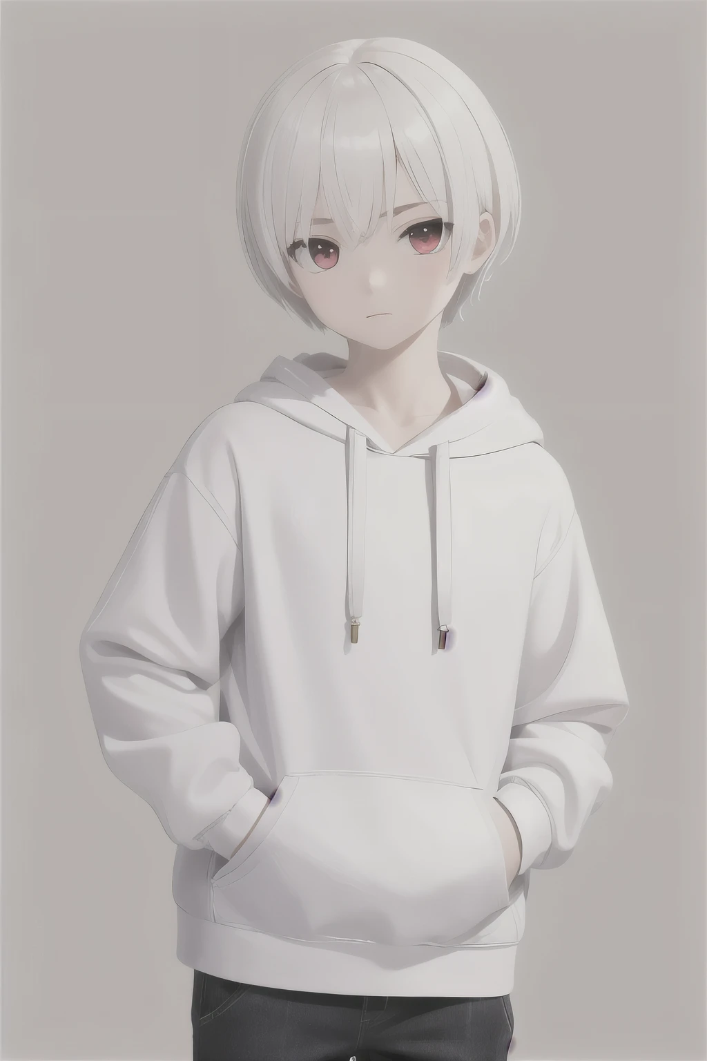 teenager boy, with red eyes and neutral expression, wearing a white hoodie, short hair, pale skin and white hair, on a gray background, looking directly at the viewer with his hands in his pockets.