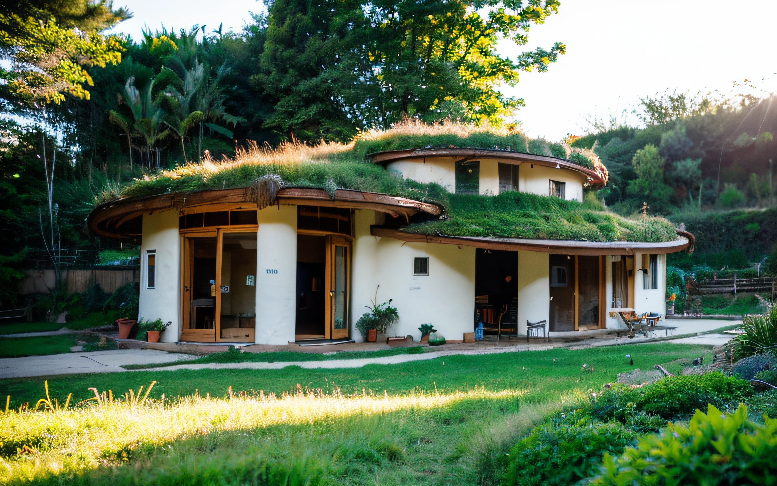 A photograph of a symmetrical contemporary house with (((one waved Telhado Verde))) e (((Biological pool))) em um quintal tropical, paredes de gesso terracota amarelo mostarda (((rustic clay stucco))), ((paredes de canto arredondadas)), ((Rustic clay plaster)), (((paredes de terracota com cantos arredondados, organic curves))), (((rustic earth plaster, lama))), (((wave-shaped Telhado Verde with wooden edge))), (((Estrutura do telhado de madeira, ancinho de madeira, placa de madeira))), beiral, varanda com pilar de madeira, ((telhado com estrutura de madeira)), em Bali (((jardim tropical))), ((casas naturais, Organic buildings, organic architecture)), ecovila, sustainable architecture, Bioconstruction architecture, arquitetura solarpunk, (((telhado de grama, Telhado Verde, Telhado de Onda Verde, telhado arredondado, telhados vegetados))), ((arquitetura verde)), Casa passiva, (((Rock Foundation))), Clear sky in the background, beleza dolorosa, moderno, imponente, casa verde, ((Estilo Hadid do hobbit de Bali)), super resolution, cinemactic, color grading, editorial fotografia, fotografia, photo shoot, (((dramatic front eye top angle view))), O 50mm, profundidade de campo, detalhes intrincados, Cores Naturais, foco nítido, luz quente, Velocidade do obturador 1/1000, F/22, White balance, Ray Trace Reflections, Lumen reflections, screen space reflections, diffraction classification, chromatic aberration, Deslocamento de GB, Partial lighting, Backlighting, natural  lightting, Linhas de varredura, Ambient occlusion, antialiasing, Shaders, OpenGL-Shaders, GLSL-Shaders, Post-processing, post - production, sombreamento, Mapeamento de tons, incredibly detailed e complex, hipermaximalista, elegante, hiper-realista, super detalhado, dynamic pose, fujifilm XT |