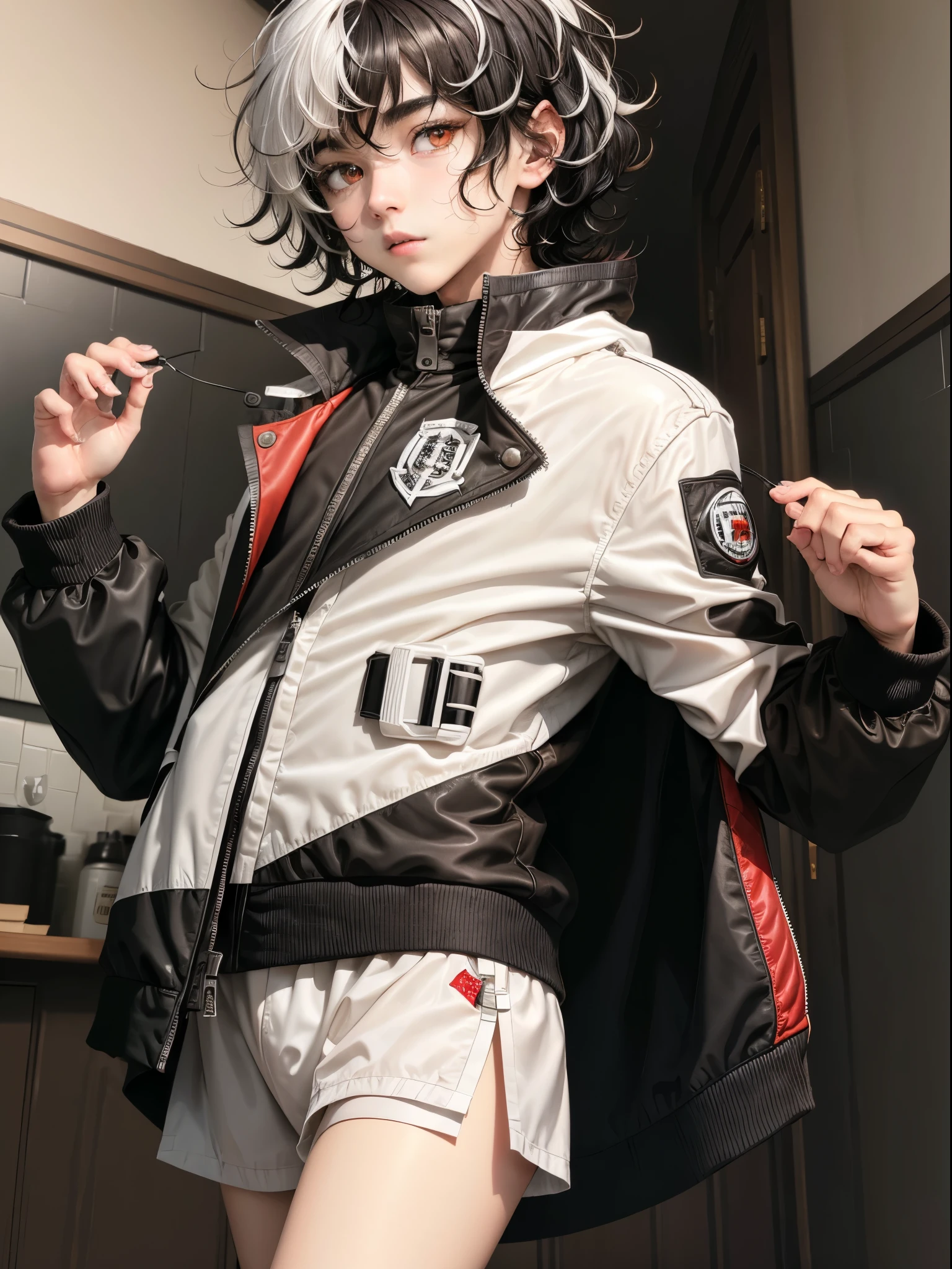 1 boy, young boy, medium hair, ((black hairs with white highlights)), jacket, confident, red eyes