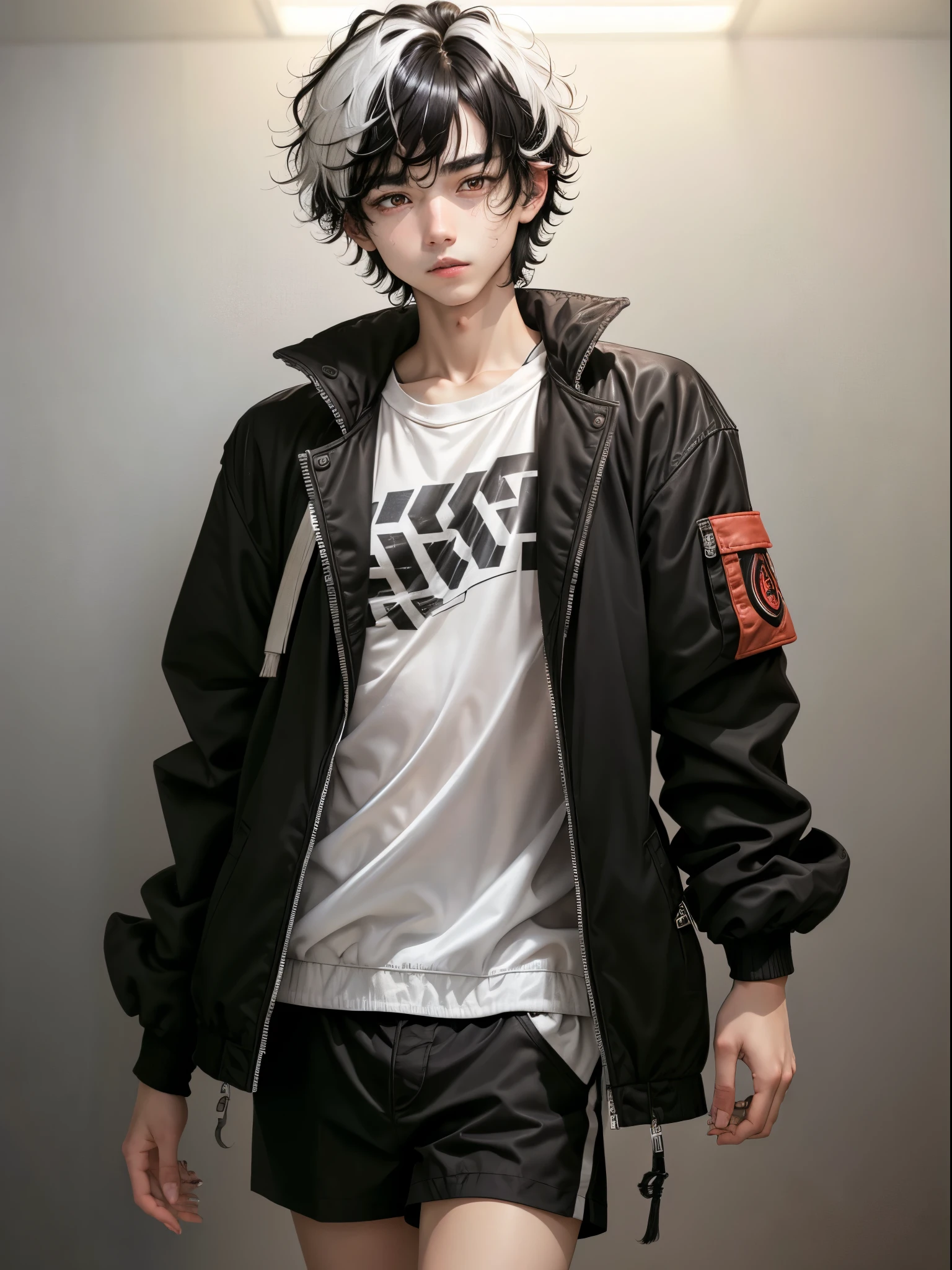 1 boy, young boy, medium hair, ((black hairs with white highlights)), jacket, confident, red eyes