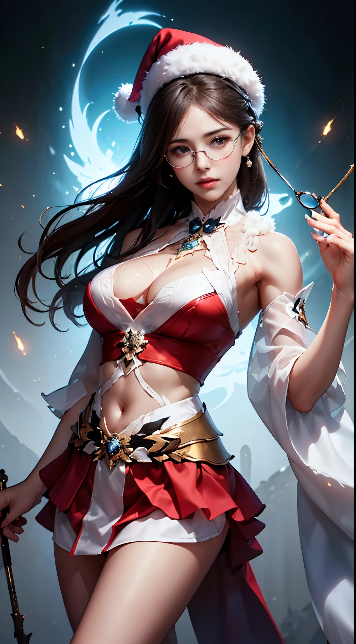 Fine、(The best illustrations)、8k UHD resolution、intricate-detail、top-quality、realisitic、ultra-detailliert、The best lighting、Best Shadows、Soft lighting、Ulutra HD、Ultra-realistic、Tindall Effect、Photorealsitic、(High Detail Skins:1.2)、 (Intricate details, makeup, pureerosface_v1:0.5), (Detailed beautiful delicate face, Detailed beautiful delicate eyes, A perfectly proportioned face, High detailed skin, Detailed skin, best ratio four finger and one thumb, arms below breasts, Tattoo with a red glow under the stomach、Awesome awesome, wide hips, smooth midriff, skiny and thin, __Fashion__, __hair__:1.25)、Digital SLR、 absurd realistic work: 1.3), (max resolution: 1.2), (Ultra HDTV: 1.2), cinematric light, Detailed eyes and skin, detailed facial features, , (Sharp Focus: 1.2）, (Focus on Face:1.2),Perfect Style, Beautiful face, acurate, Anatomically correct, ノ Highly detailed facial and skin texture, Detailed eyes, Double eyelids, Thin eyebrows, Glitter Eyeliner: 1 Natural cheeks, Glossy skin, Fair skin: 1.2, (Glossy lips: 1.4),(Shy look: 1.2),Highly detailed facial and skin texture, Detailed eyes, Double eyelids, Natural cheeks,  shiny lips: 1.4,Exposed cleavage、Bewitching。a 、Seductive、Chest emphasis、(((( Otaku Glasses, thick glasses, Round glasses)))),The long-haired、Braid hair、poneyTail, huge solemn expression、Body Up、Big breasts emphasis, Super tight breasts, Breast augmentation surgery, The breasts are very big and round and round,Toned waist、 Meet beautiful girls, Look at the girl's body, In the Dark、Bat Wings，、(Devil's Tail)、(詳細な不気味なBackground with:0.8)、Long grey hair，emits eerie demonic flames，Contour light，green flash particles, magia、火炎magia、Flares up violently、swirling explosion, angelic halo, golden and orange spark dazzling around, Dramatic composition details), radiant light, Powerful light area,  (magiaのシンボルが鎧に輝きます:1.3), (magiaの魔力が彼女の周囲に渦巻いていた:1.3), white  hair、(intense expression:1.1), (Its light is、Highlighting her dominance and rebirth behind the scenes:1.4), (Wisdom and Rebirth:1.2), (Strong stance:1.2), (Overwhelming mystical power:1.2), (Sparkling sweat:1.1),(The contrast between silver and gold:1.3),elegant glitter dark＆mysterious version, Super beautiful glowing eyes、Looking at the snow-covered amusement park, Young woman in Santa Claus costume standing with legs apart, huge stunning goddess shot, goddess of Japan, the extremely hot and sexy, powerful and huge, jaw dropping beauty, goddess of Japan, very Bigger breasts, Big ass, ((Santa Claus miniskirt costume and hat)), (Wearing:red mini dress trimmed with white fur, Thick black belt, Long Red Leather Boots), (thigh visible), (lean forward and look at you), (Fireworks go off at the amusement park at night), In the snow, (なBackground with: Night city decorated with Christmas illuminations), Animal characters are dancing in the background, suit with white fur trim), (Black Mini Skirt White Fur Trim), (Santa's Red Hat) With white pompons, Gold belt with large buckle, (Red boots), (cowboy  shot:1.4), Perfect fit, depth of fields、Perfect image realism, Background with:((Secret Room of the Members Club))、綿密なBackground with, detailed costume,