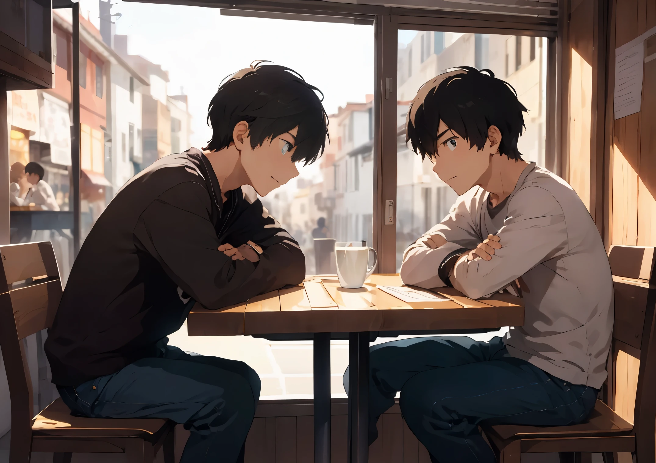 Boys,,cafee,,sitting, talking, both side by side, annoyed face, happy face, sad face, disappointed face, funny face