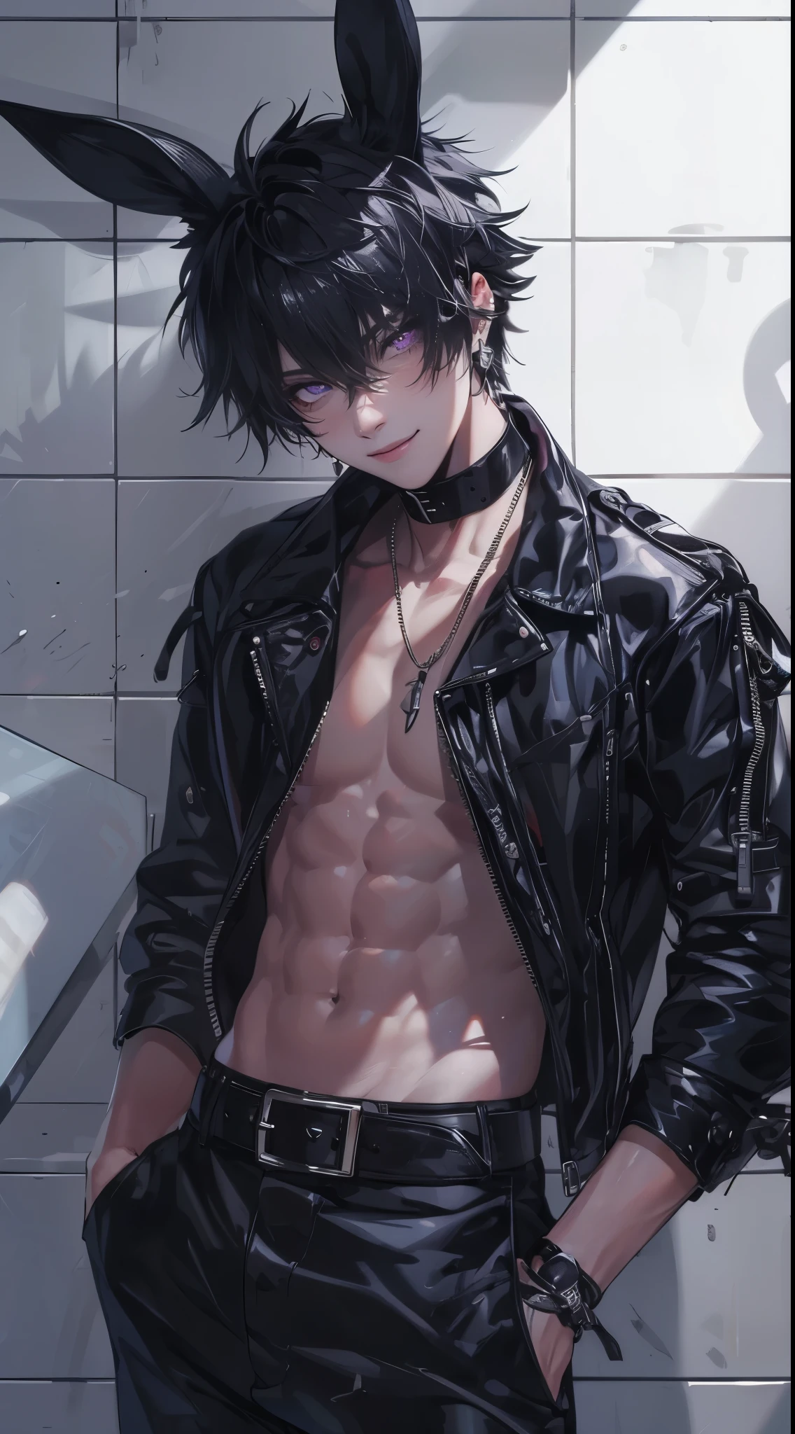 Beautiful young man, black hair, short hair, purple eyes, slitted eyes, navel outfit, black leather clothing, black rabbit ears, winking, finger heart, smile, white square tile wall in background,high quality, amount of drawing, pixiv illustration, abs