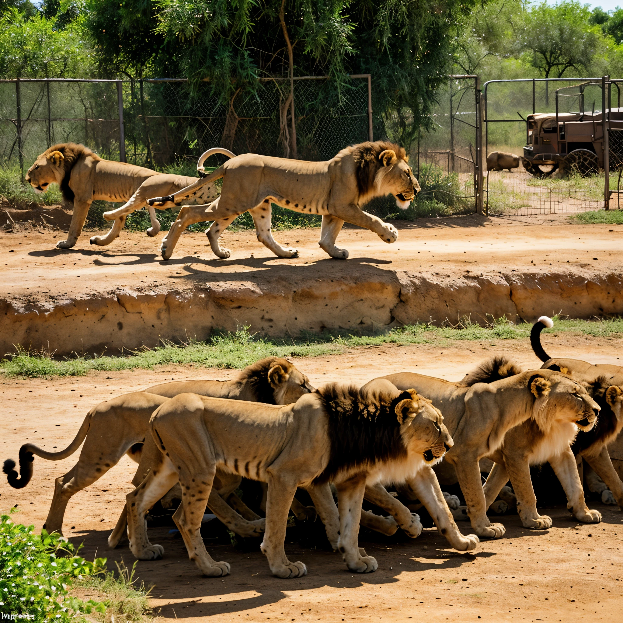 Photorealistic image, a pride of lions in a zoo, in full flight,  ready to pounce, roaring, back ground is the african zoo, the lions looks dominant and assertive