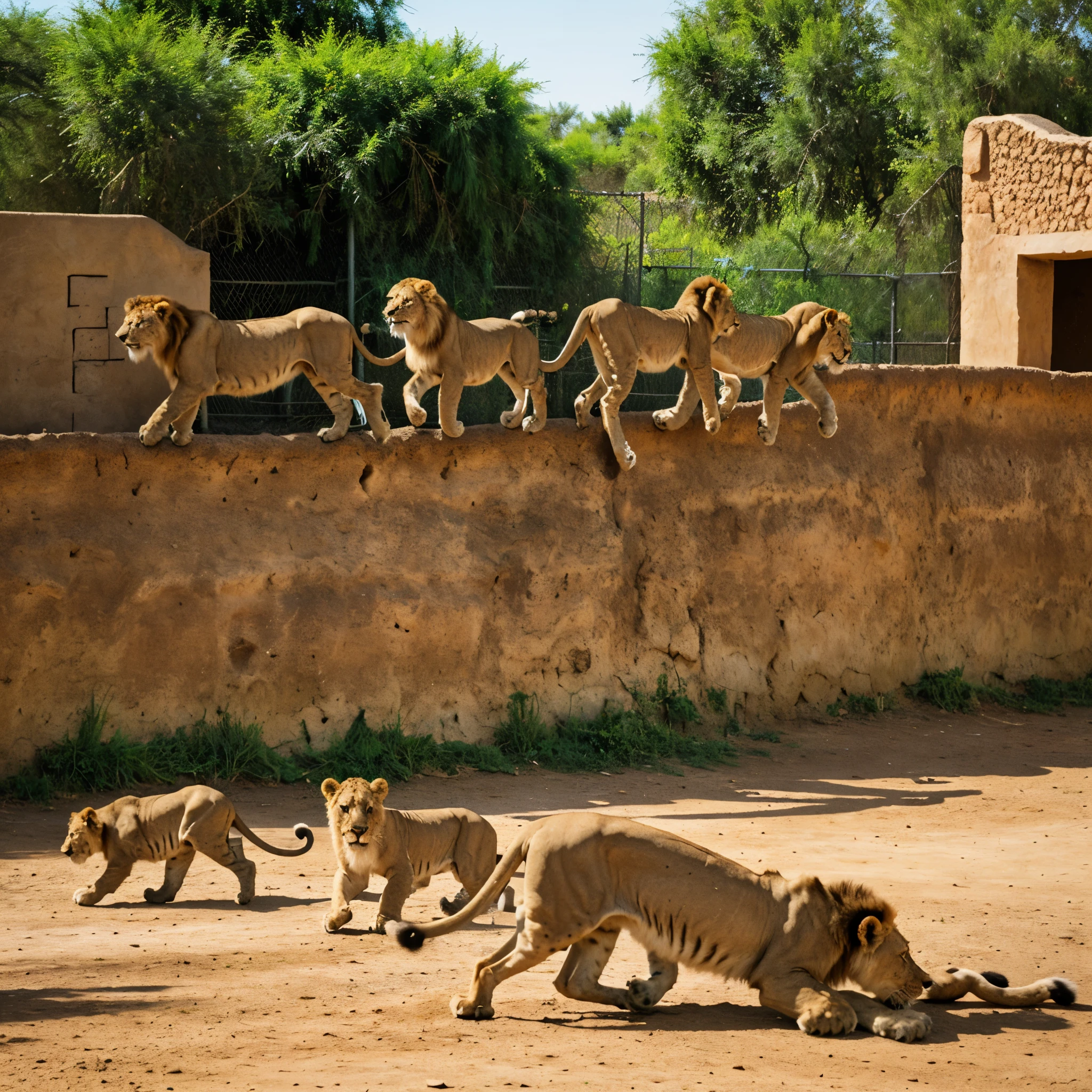 Photorealistic image, a pride of lions in a zoo, in full flight,  ready to pounce, roaring, back ground is the african zoo, the lions looks dominant and assertive