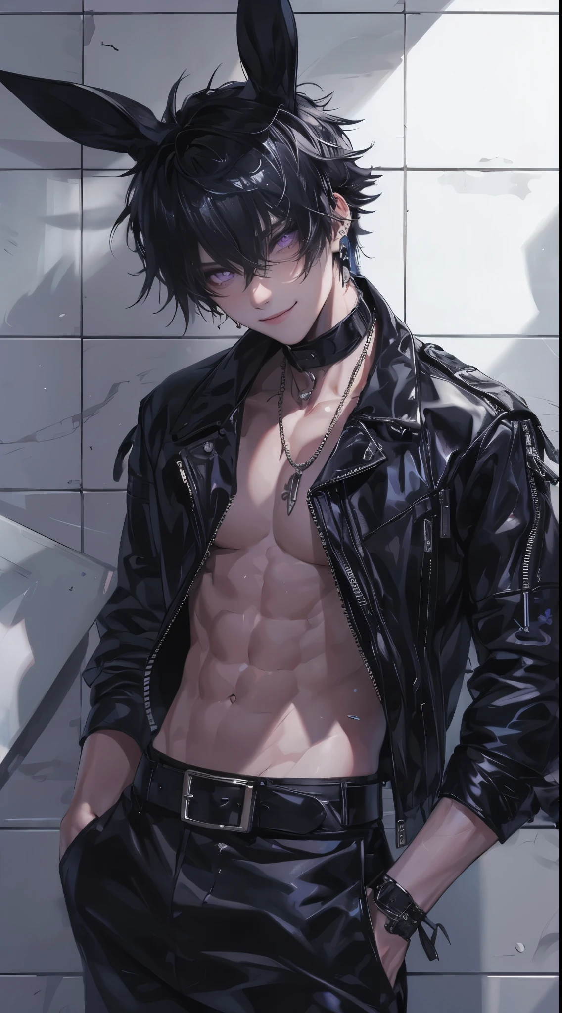 Beautiful young man, black hair, short hair, purple eyes, slitted eyes, navel outfit, black leather clothing, black rabbit ears, winking, finger heart, smile, white square tile wall in background,high quality, amount of drawing, pixiv illustration, abs