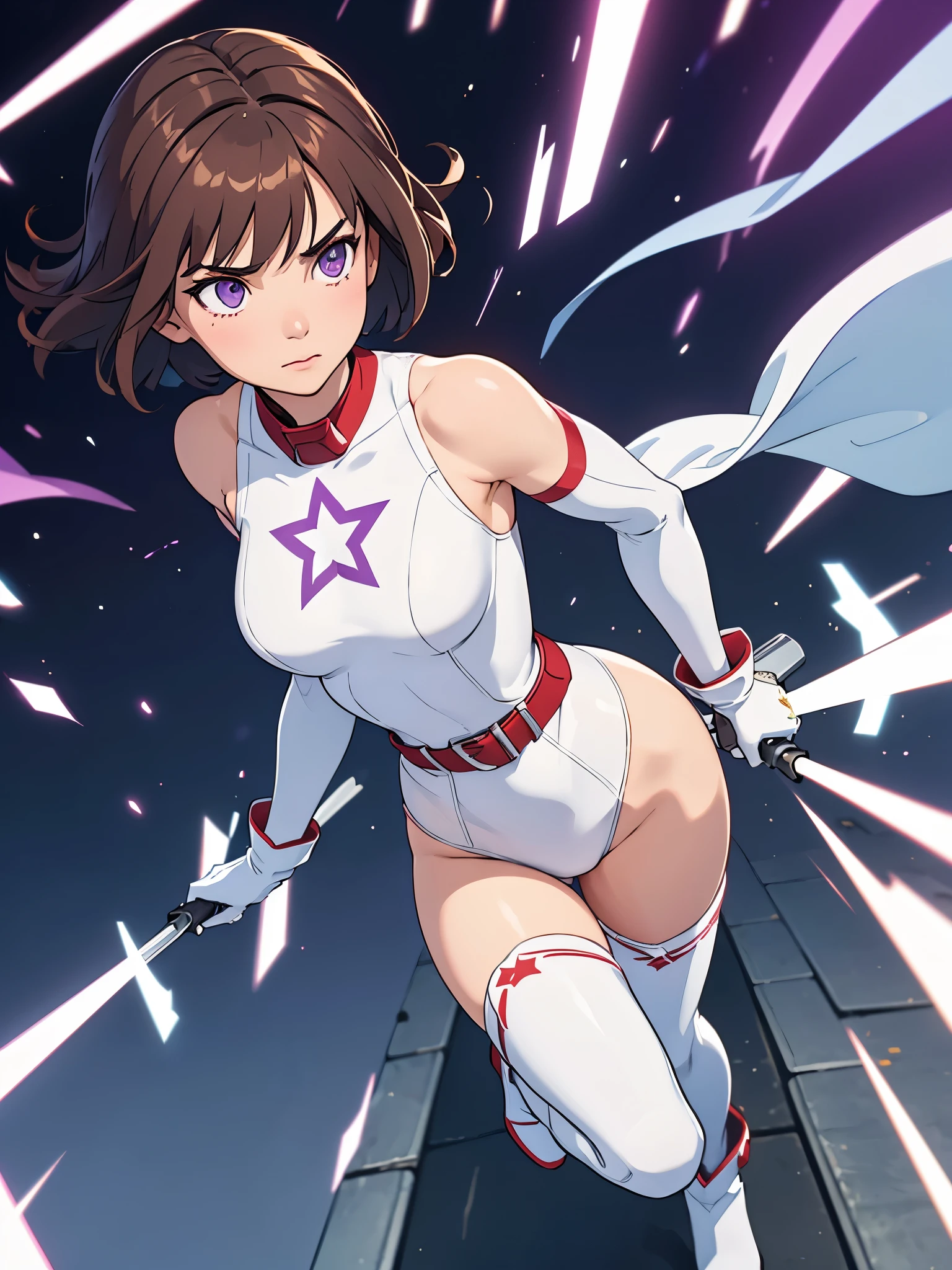 1girl, medium breasts, leotard, white and red leotard, bare legs, tight belt, boots, matching boots, knee boots, white boots, gloves, white gloves, city backdrop, tokyo city backdrop, solo, single, hands on hip, standing, full body shot, cowboy shot, superhero, beautiful detailed eyes, mature lady, star symbol on chest, brown hair, short hair, Bob hair, purple eyes, sleeveless, light particles, perfect anatomy, masterpiece, high quality