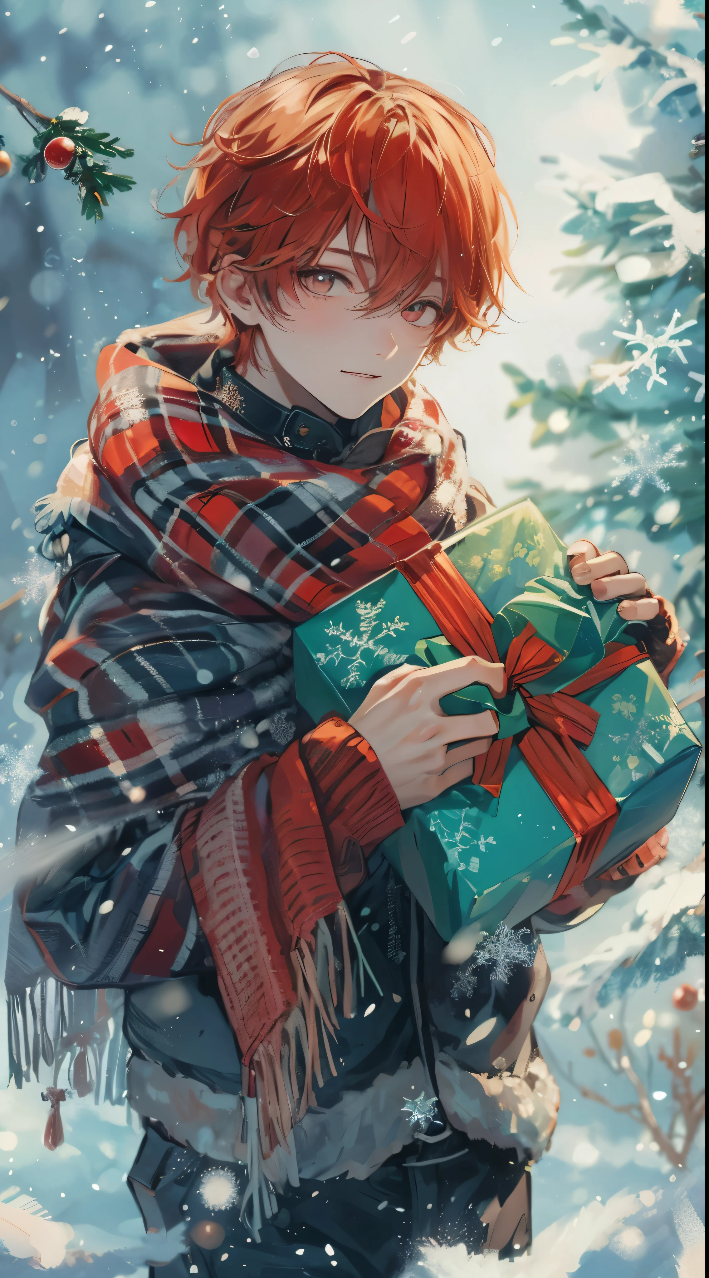 Red, a 19-year-old beautiful young man celebrating Christmas. He has shoulder length bright red hair and sharp hair。, grey eyes. Low ponytail, he is wearing comfortable clothes, Stylish winter clothes incorporating traditional Christmas colors. Red-kun is holding something small.。, A beautifully wrapped gift、Standing near a beautifully decorated Christmas tree with glowing lights。. snowflakes fall softly around him, adding to the festive ambiance. The background is softly lit, High quality to enhance the warmth and joy of the holiday season, amount of drawing, pixiv illustration