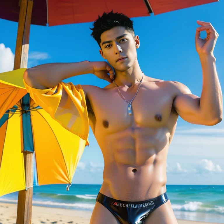 Realistic, (masterpiece, top quality, best quality, official art), very detailed, colorful, most detailed, gods, short hair, black hair, handsome man, sea, necklace, beach, pectorals, abs, ((very tight micro string latex thong)) , NSFW ,erotic , bigboobs , puffy nipples. , swollen nipples , watching 4k to viewer quality