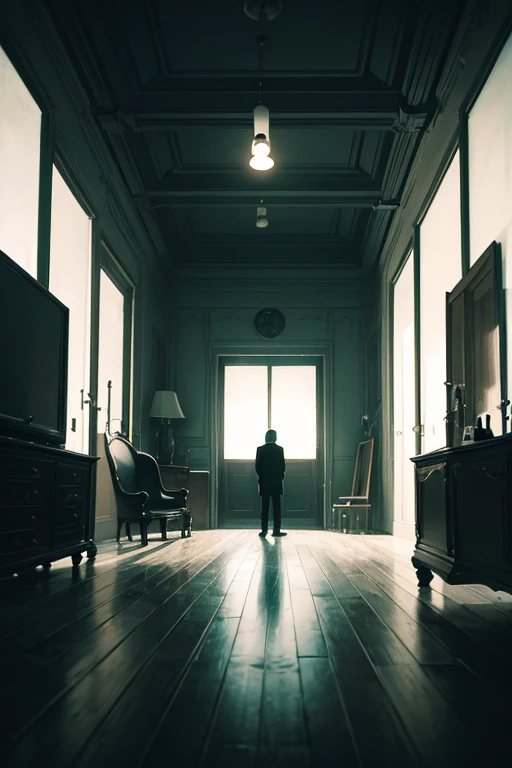 Full man in dark room,With suitcase and chair, taken from movie, Stunningly moody cinematography, Still from music videos, cinematic opening shot, Dark eerie movie frames, moody cinematography, cinematic Film still from, in roger deakins style, Atmospheric cool colors, low quality footage