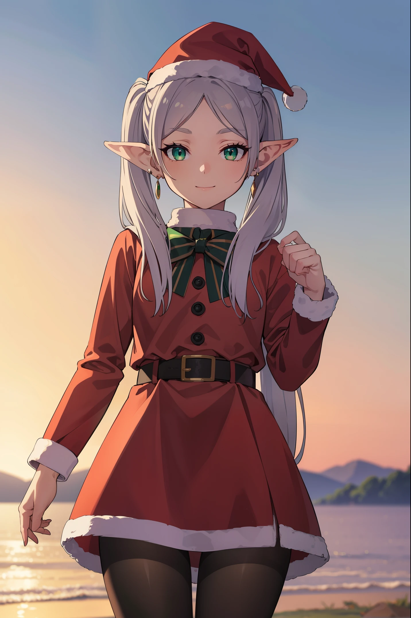 frieren, long hair, twintails, (green eyes:1.5), grey hair, pointy ears, elf,
BREAK jewelry, pantyhose, earrings, black pantyhose,santa clothes,(santa hat),santa costume,red dress,smile,
BREAK looking at viewer, cowboy shot,
BREAK outdoors, sky, nature,
BREAK, (masterpiece:1.2), best quality, high resolution, unity 8k wallpaper, (illustration:0.8), (beautiful detailed eyes:1.6), extremely detailed face, perfect lighting, extremely detailed CG, (perfect hands, perfect anatomy),