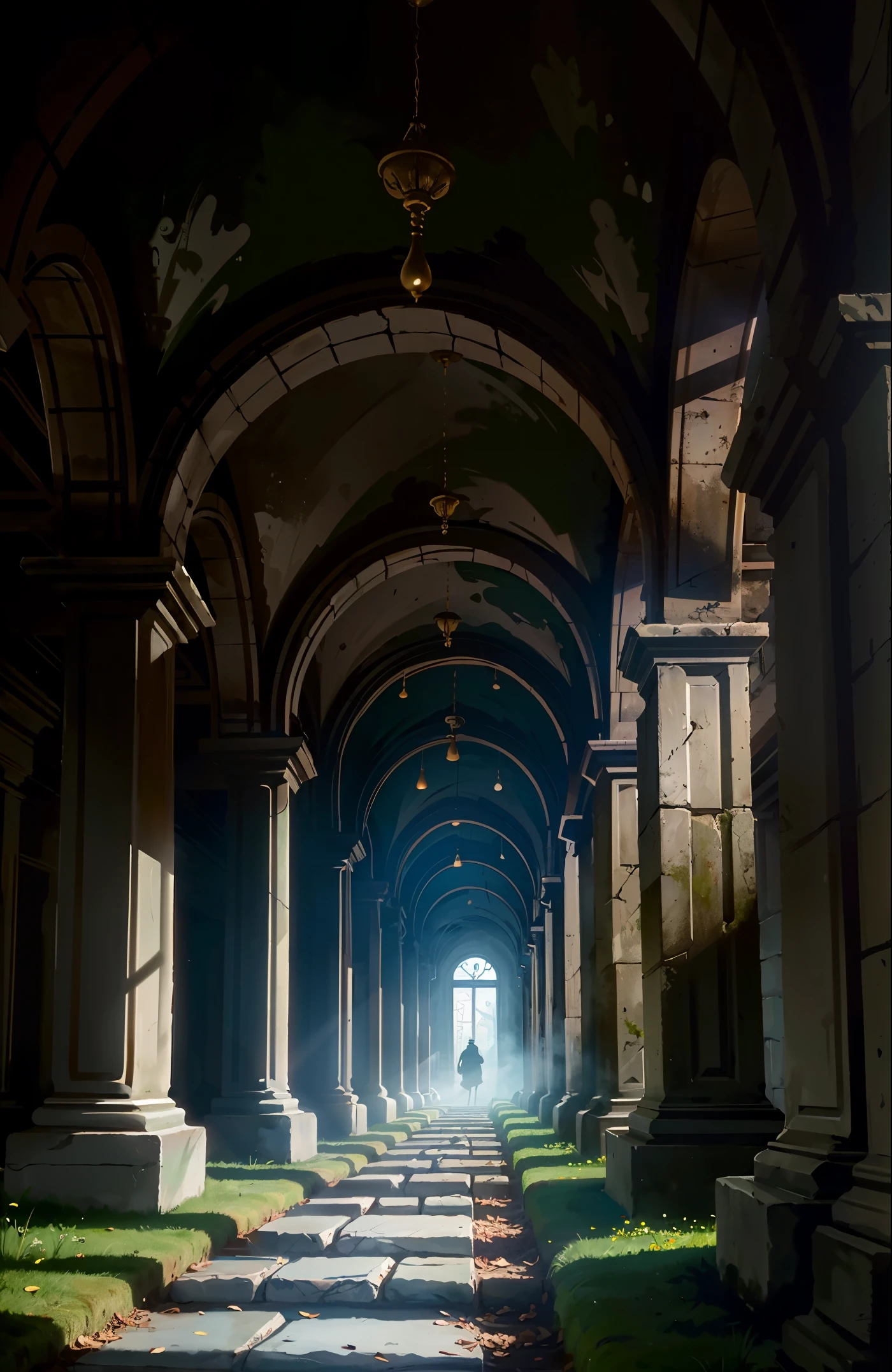 Mysterious ruins, ancient stone tablets, covered with moss, broken statues, deep underground tunnels, dim light, ghostly shadows, oil painting-like picture quality