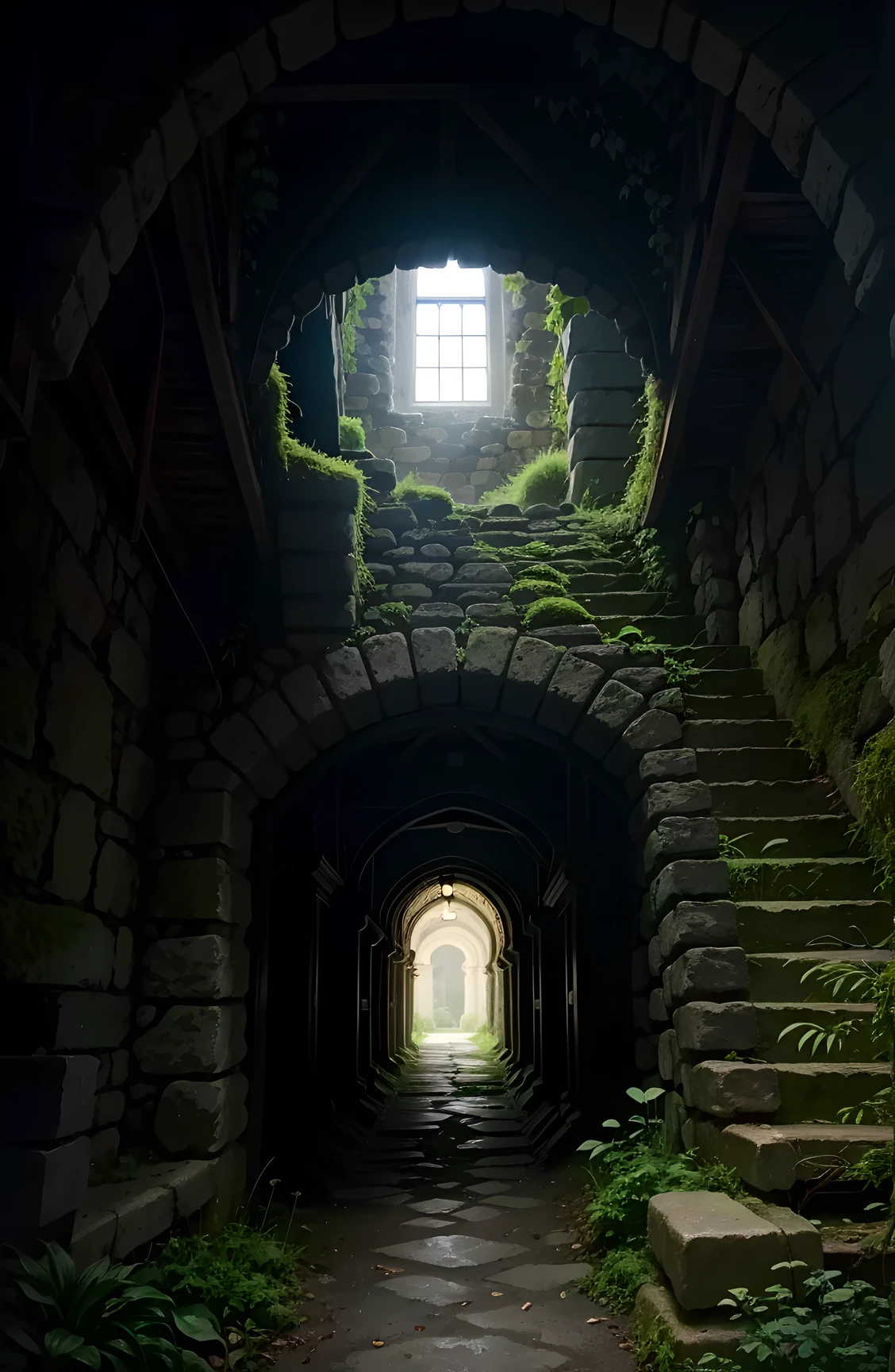 Mysterious ruins, ancient stone tablet, Covered in moss, broken statues, deep underground tunnel, dim murky lights, ghost shadow, Oil painting quality