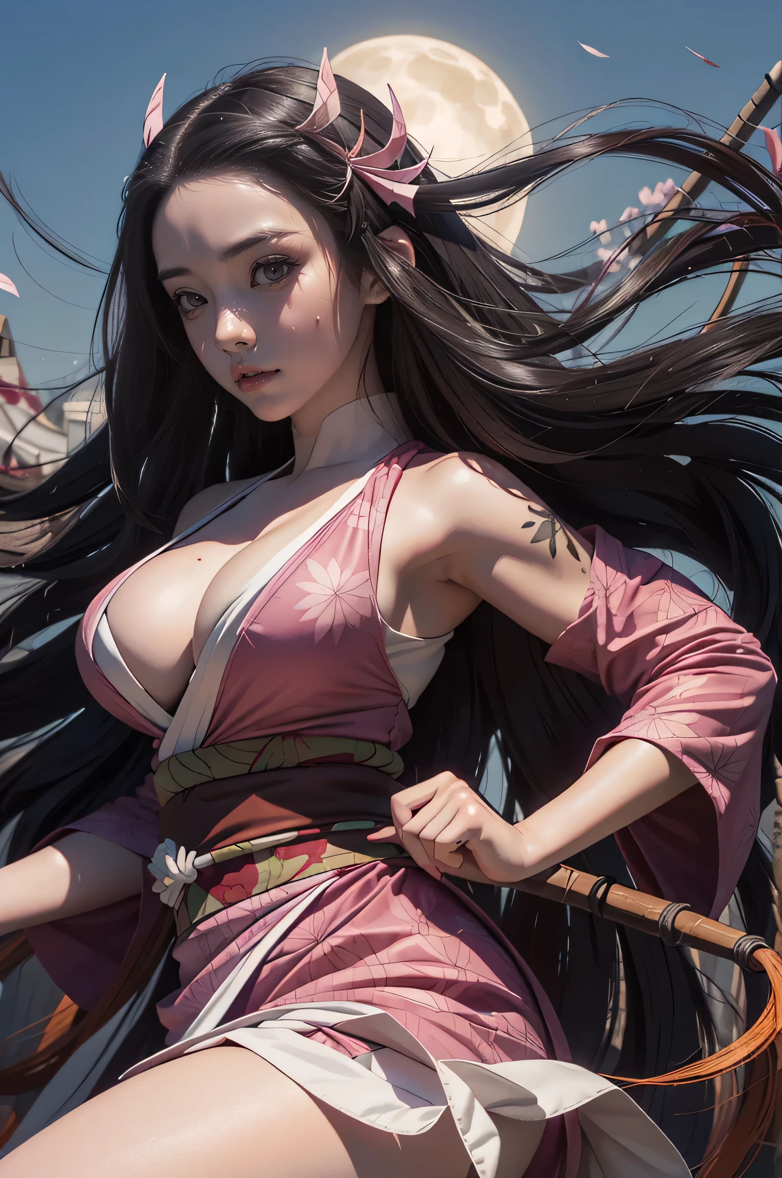 foto ultra realista de Nezuko kamado diosa de la belleza, 8k, UHD, Chocolate with ultra giant breasts, huge long breasts sticking out of her kimono, with long hair and a sexy pink Japanese kimono, ella no usa bragas que la muestren , Show pubic hair bones, Nezuko with a piece of bamboo, (Nezuko, Nezuko-chan, Demon Slayer art style, kimetsu no yaiba), Personaje femenino de anime, (Nezuko, in its demonic form, pechos enormes, pechos largos gigantes, Sus pechos salen de su kimono, mostrando hermosos pechos), La longitud de sus pechos ultragigantes llega hasta su vientre tonificado, She has tattoos of leaves running down her sexy erotic body, Fanart de Demon Slayer Rui, wielding kunai, Marin Kitagawa Fanart, Arte de Clean and Detailed Anime, Una mujer Berserker muy hermosa, por Kamagurka, Arte Profesional, Detalle perfecto, (Nezuko kamado in its demonic form basada en el demonio Slayer kimetsu no yaiba), pornography