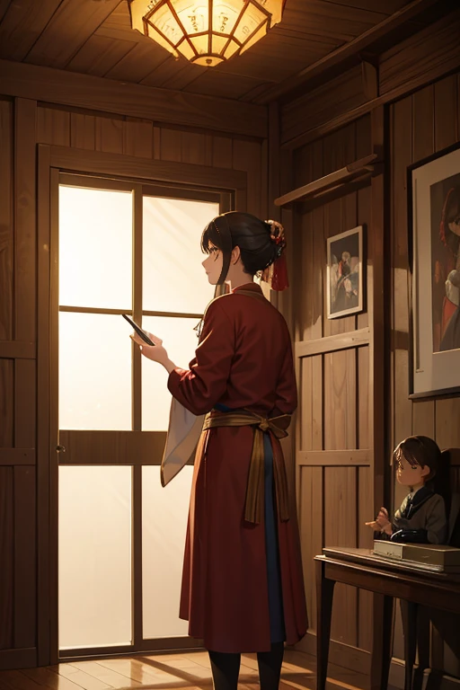 There is a person in the room standing in front of a painting, Still from a live action movie, Still a very realistic movie, 超现实电影cinematic Film still from, screenshots from movies, cinematic Film still from, Scenes from live-action movies, Still in the movie, 电影灯光《Atil, Still in the movie, Still in the movie, Still in the movie