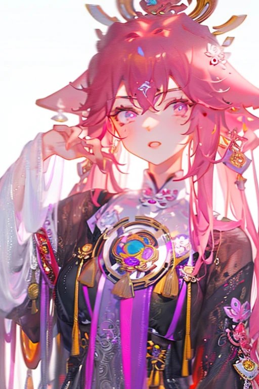 yae miko wearing trendy yellow sunglasses, yellow background, pink hair, purple eyes