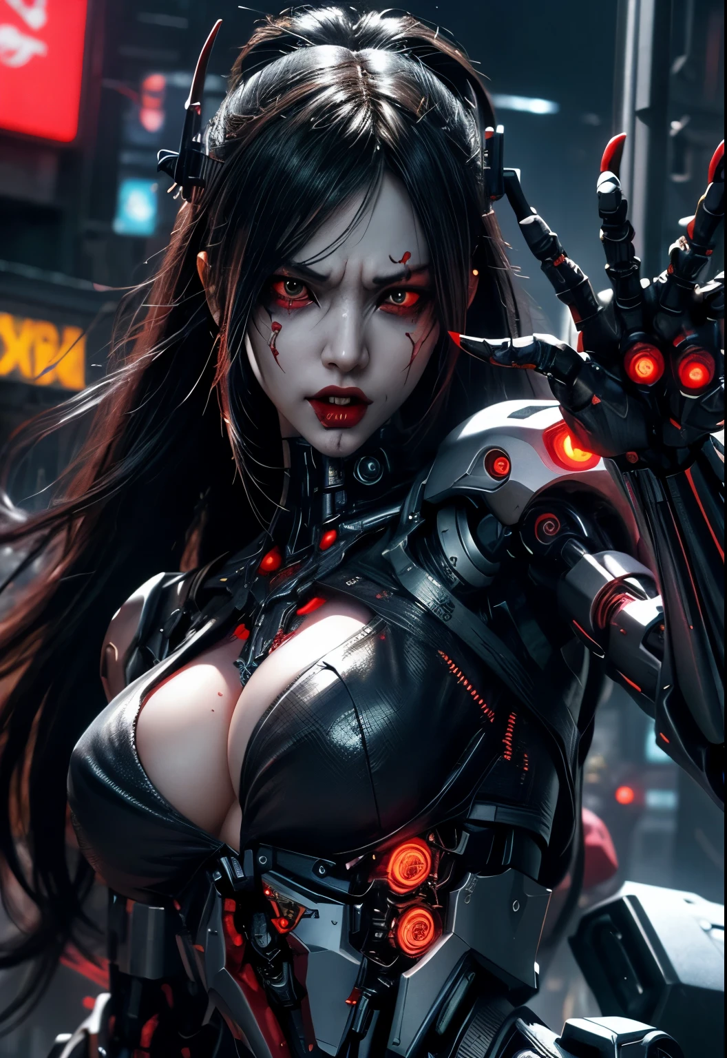 Demon Girl, cyborg with an angry expression, Portrait of a cyberpunk machine, (realistic face details),  (Dynamic poses:1.4),