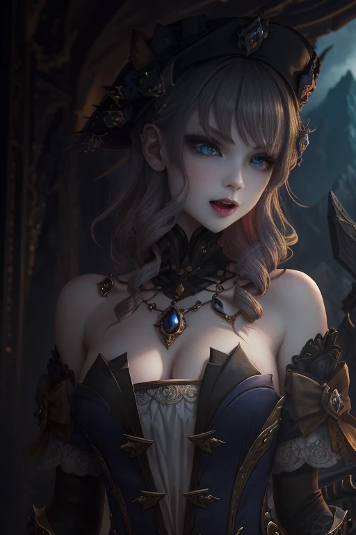 Vampire Girl , Masterpiece, ,(独奏:1.1), a perfect face, (vivid lighting:1.2),beautiful detail eyes, extremely detailed face, perfect lighting,Masterpiece, Best Quality, 1girl, pale skin, hairlong, 20years old , red eyes, fangs, A glass of blood in his hand, Complex hairstyle, vampire fangs, open mouth, sharp teeth, vampire fangs, in full height , seductive position, full lengthcocomydef, upper-body, ssmile, blushful, exteriors, jour, Background, blue skies, Short Hair Hair, The sky, temple, looks at the viewer, ladder, mountain, Gloomy lighting, facing the viewer,