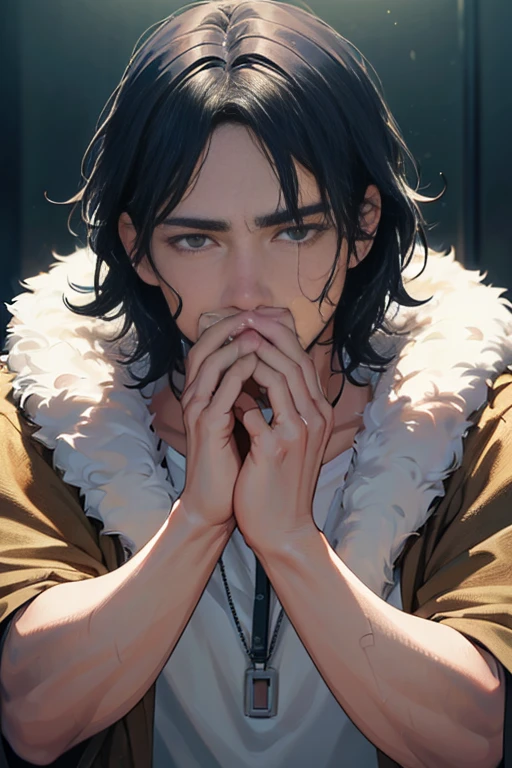 (best quality,ultra-detailed,realistic:1.37),a close-up shot of a man covering his face with his hands, cinematic still, award-winning film still, depiction of a teary-eyed Joaquin Phoenix, movie screenshot, from a live-action film, cinematic shot, film still, inspired by Kim Young-hwan