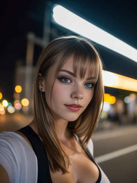 (Selfie, Draufsicht: 1.4), (straight half of the body: 1.4), RAW UHD portrait photo of a 14-year-old blonde (Blue-eyed woman) Ekaterina Klimova in sportswear, big breasts,, Stadt bei Nacht, (Rock), (Ausschnitt), Details (Gewebe! , Haar! , Glitzer, Farbe!! , Benachteiligungen: 1.1), shiny eyes with high level of detail (Blick in die Kamera), SLR-Beleuchtung, Spiegelreflexkamera, ultra quality, Sharpness, Depth of field, Filmkorn (Mitte), Fujifilm XT3, kristallklar, Rahmenmitte, Beautiful face, Scharfer Fokus, Streetlight, Neonbeleuchtung, bokeh (schwach beleuchtet), Nacht, (Nachthimmel), Detaillierte Hautporen, Oily skin, Sonnenbrand, Komplexe AugenDetails, full entire body, big boobs